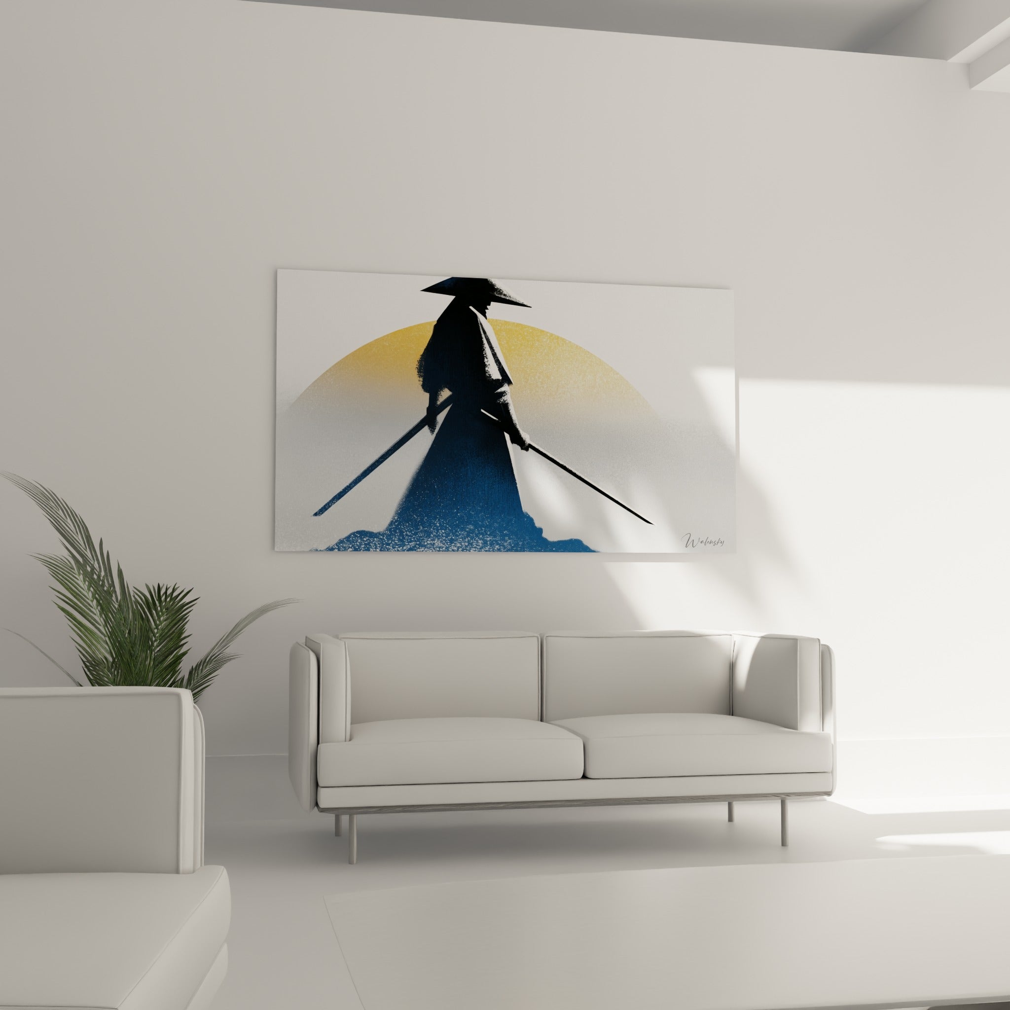 Personnage encapuchonné en ombre anthracite devant un cercle doré, au-dessus d'un canapé dans un salon lumineux