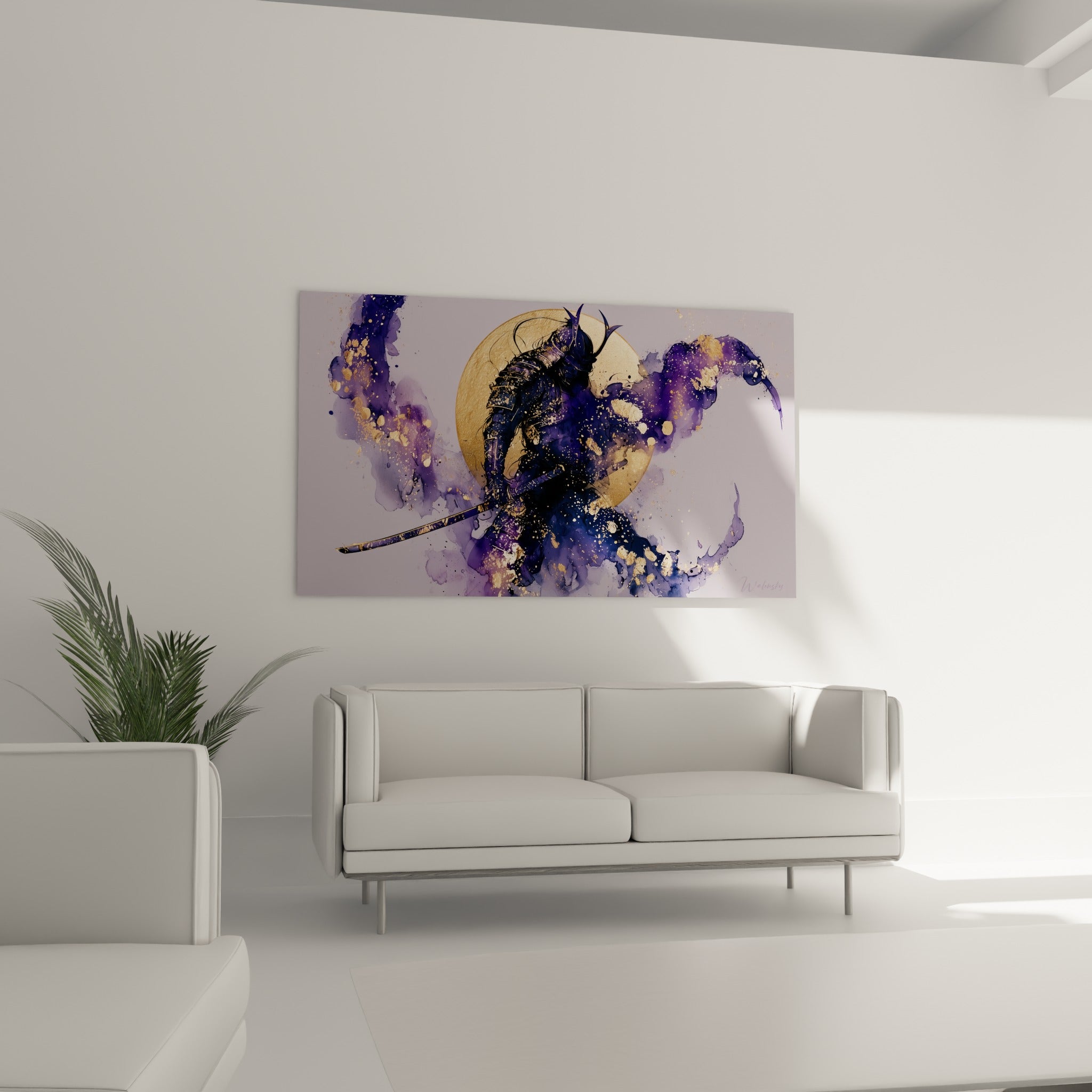 Katana et armure du Samouraï en aquarelle violette suspendus au-dessus d'un canapé dans un salon lumineux.