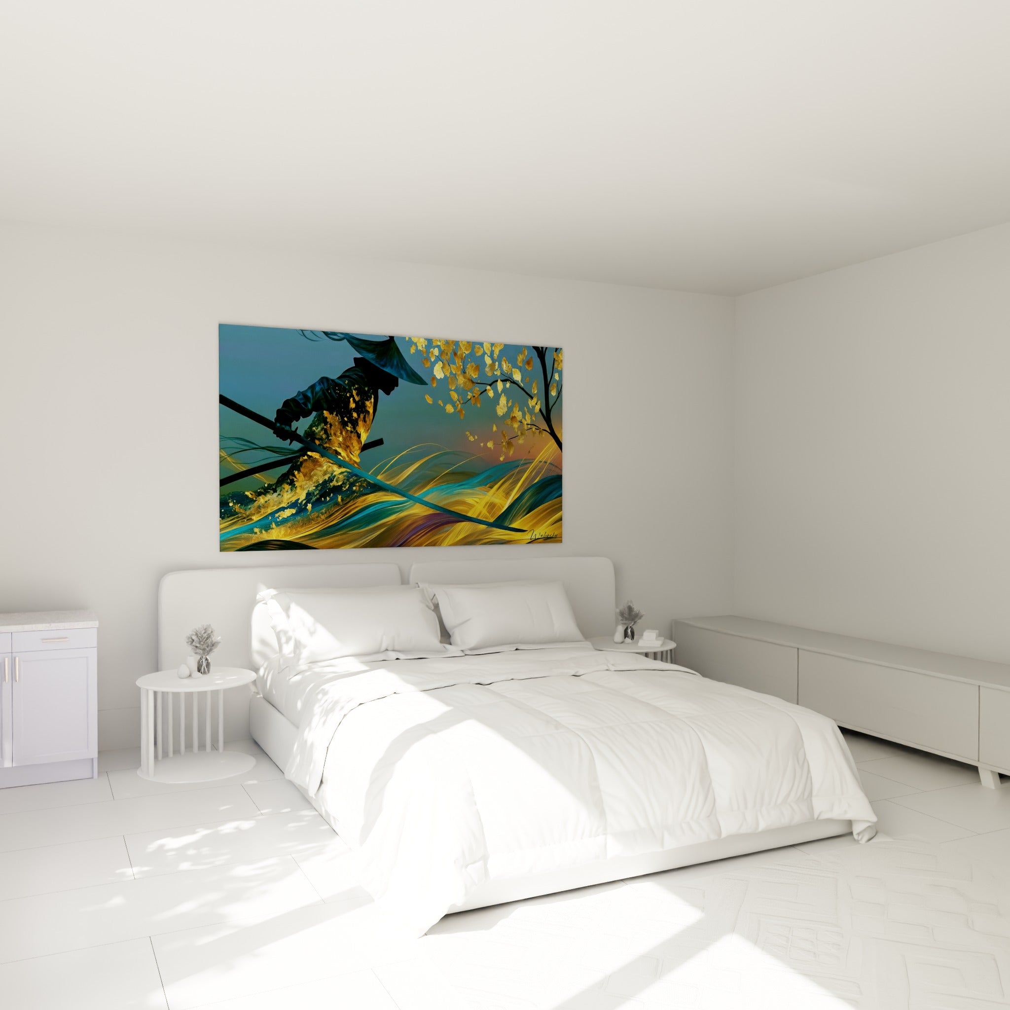 Guerrier japonais en silhouette dorée et bleu marine, au-dessus d'un lit dans une chambre claire