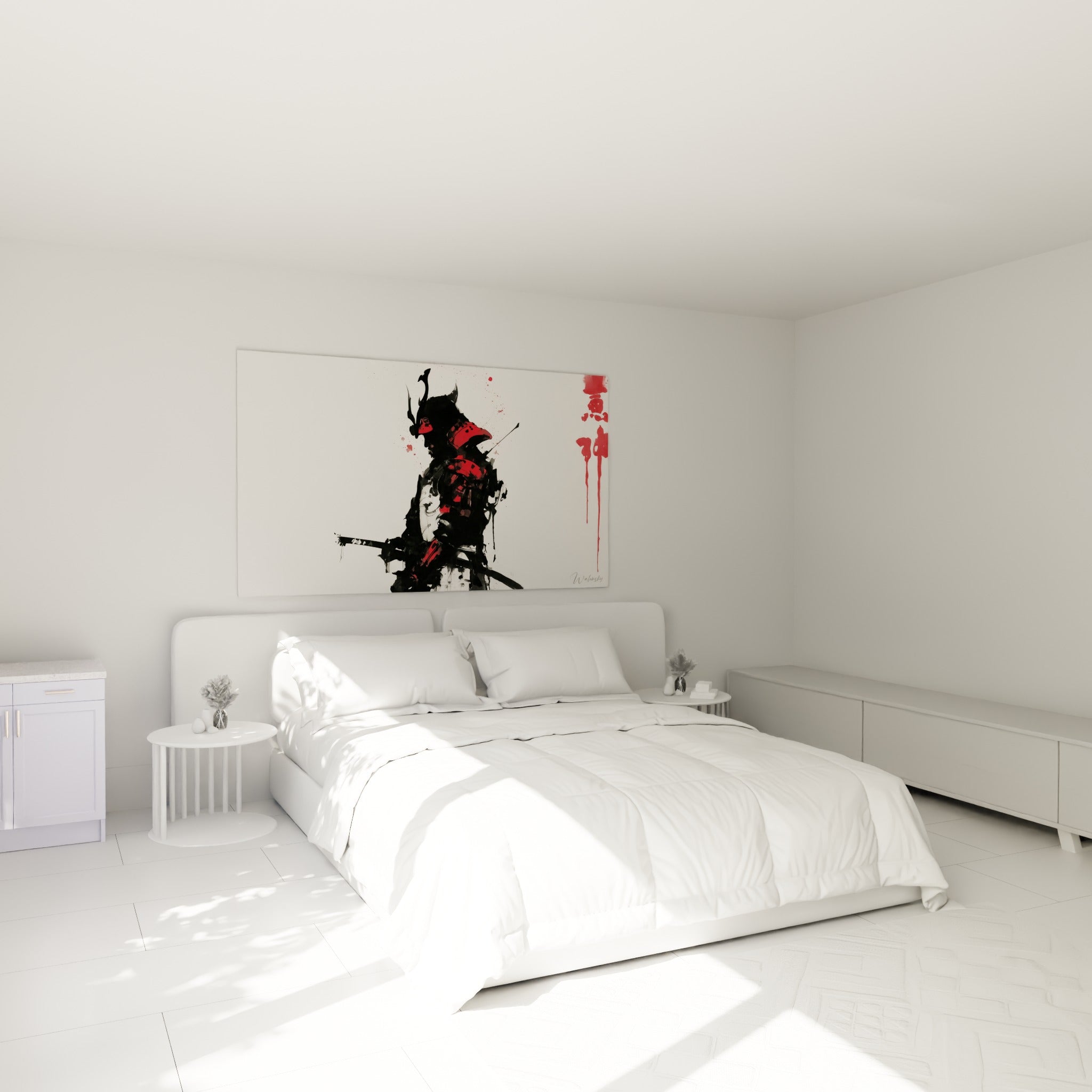 Guerrier Samouraï à l'armure anthracite et rouge écarlate, au-dessus d'un lit dans une chambre claire