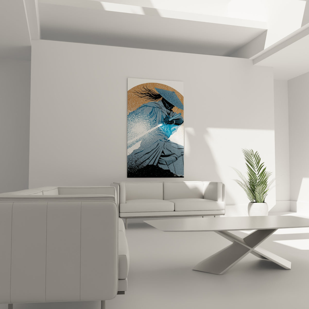 Guerrier samouraï en tenue anthracite brandissant un sabre lumineux, au-dessus d'un canapé dans un salon lumineux
