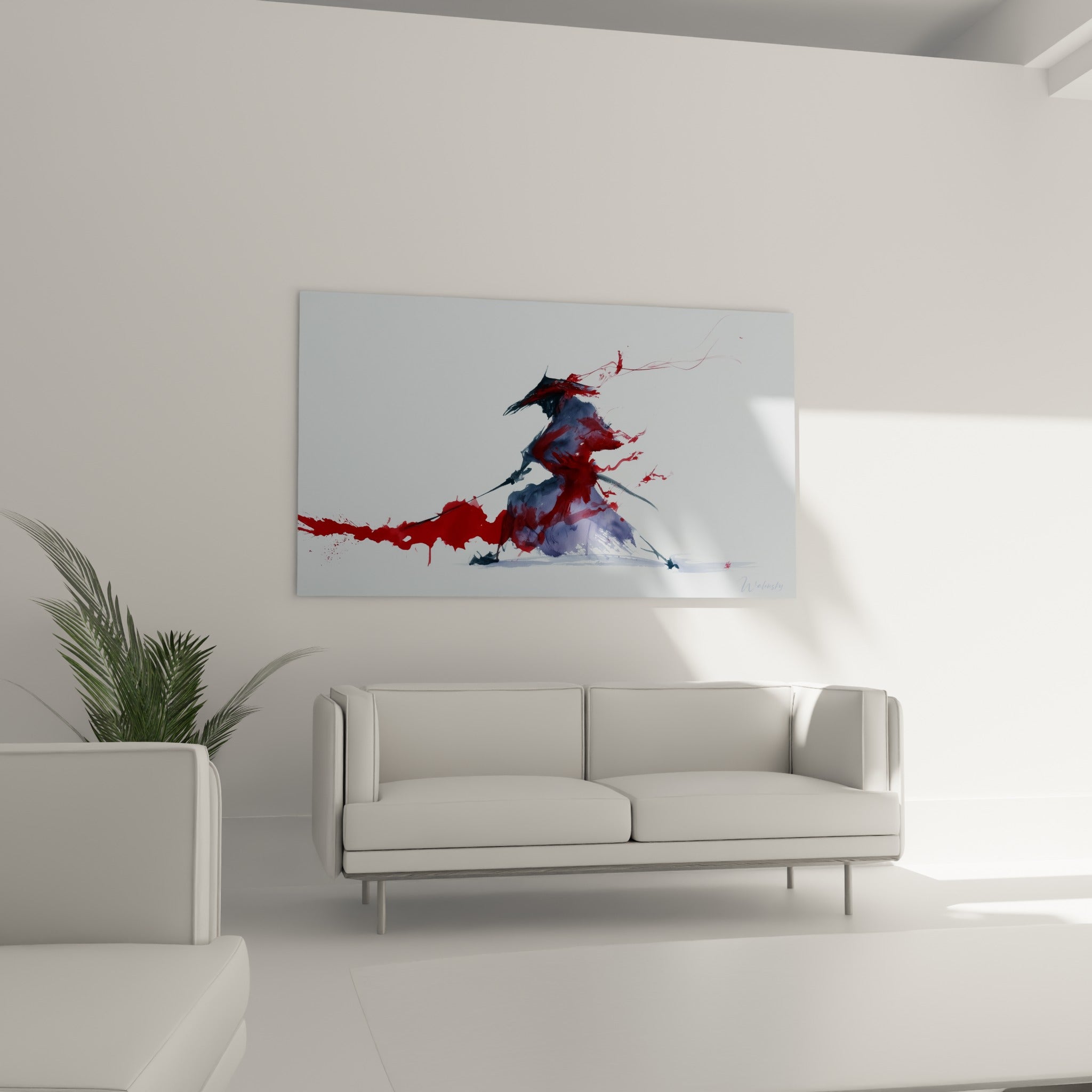 Silhouette Samouraï anthracite et écarlate positionnée au-dessus d'un canapé dans un salon lumineux