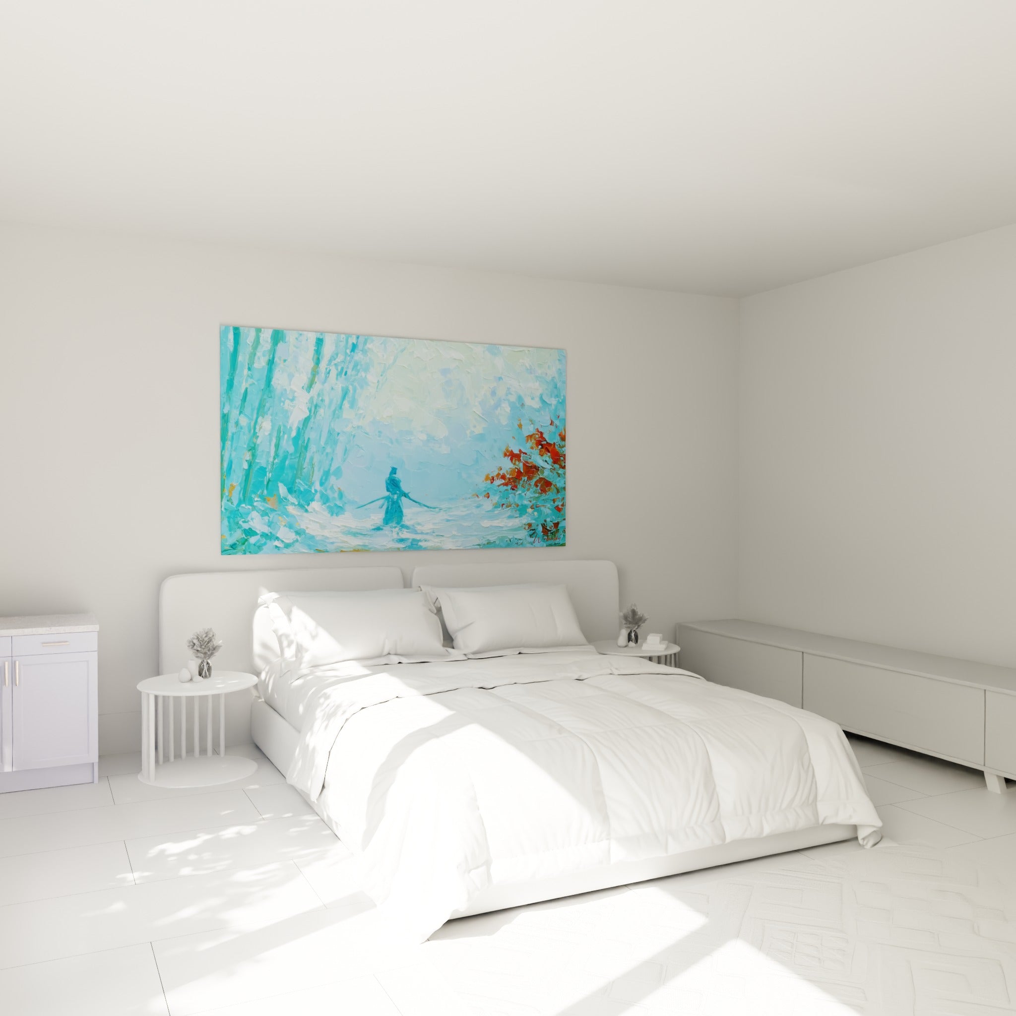 Guerrier japonais en armure bleu turquoise, accroché au-dessus d'un lit dans une chambre claire