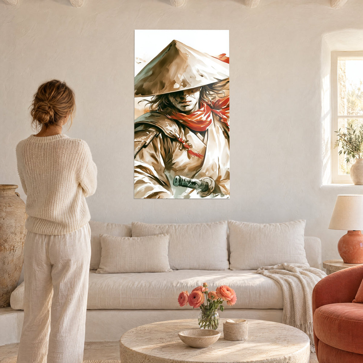 Wall art of a warrior in a beige conical hat and red scarf tied at the neck, hair blowing in the wind, above a sofa in a bright living room