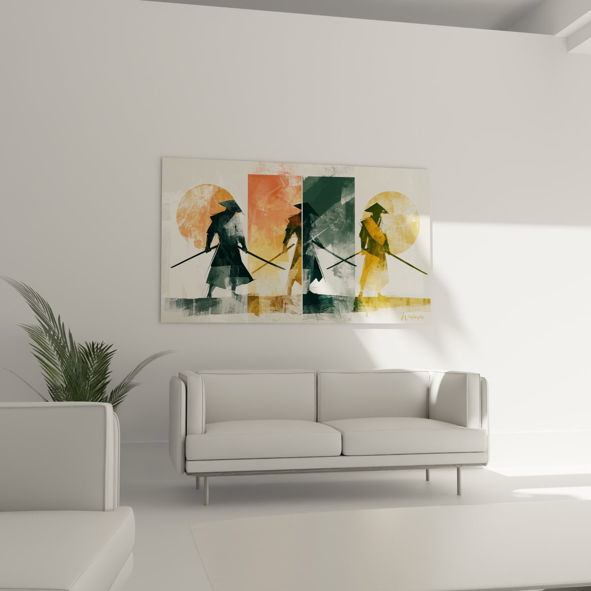 Samouraï corail et doré en posture de marche, sabre incliné, au-dessus d'un canapé dans un salon lumineux