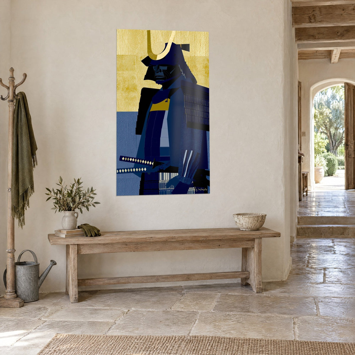 Wall art armored warrior with midnight blue breastplates and golden yellow sash, sword in diamond-patterned scabbard, rustic wooden console and stone hallway