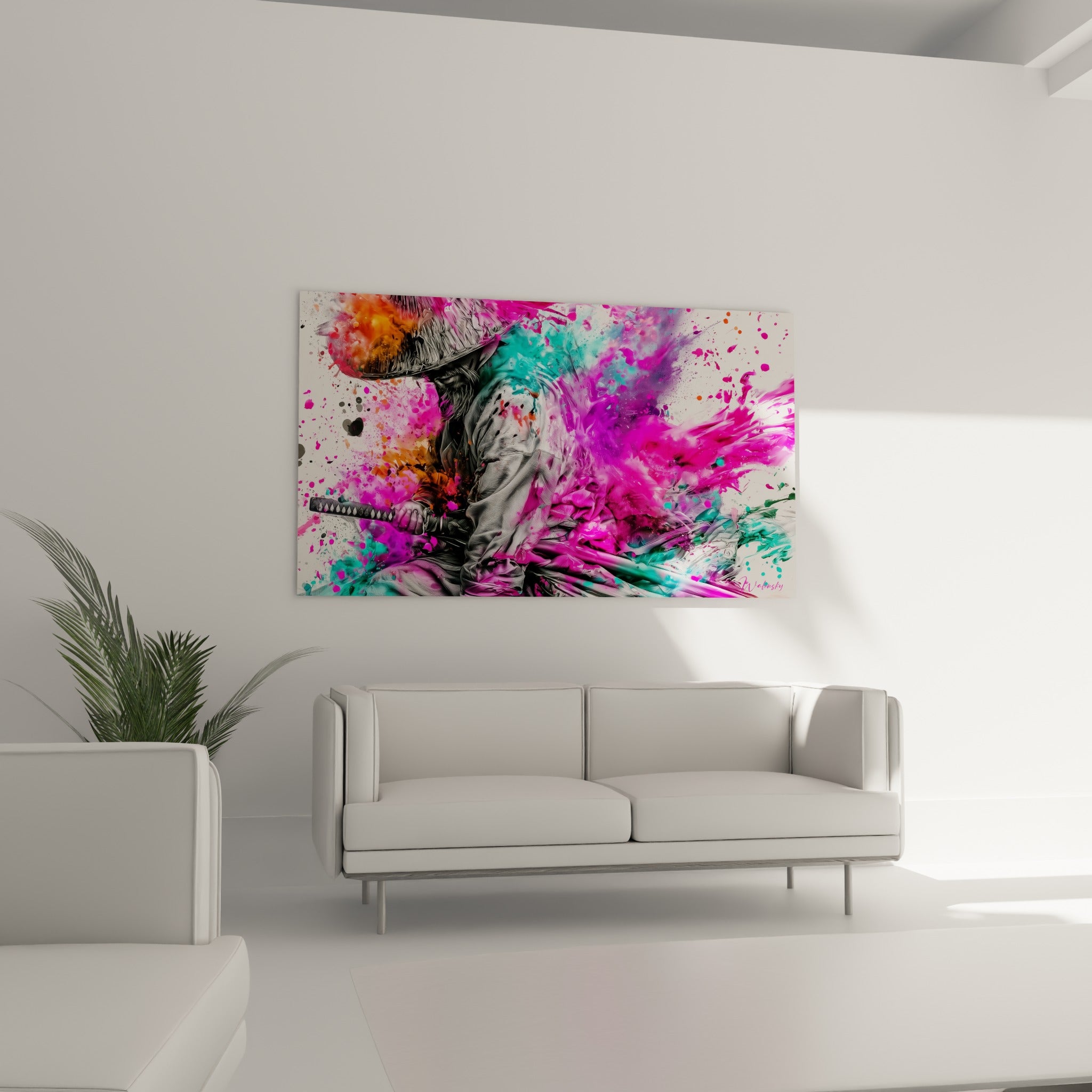 Silhouette de samouraï tenant son sabre, couleurs magenta et turquoise éclatées, au-dessus d'un canapé dans un salon lumineux