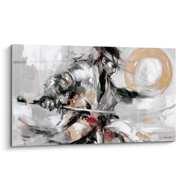 Tableau Guerrier gris et doré au katana dégainé - Cheveux ébouriffés au vent - Edition Samouraï