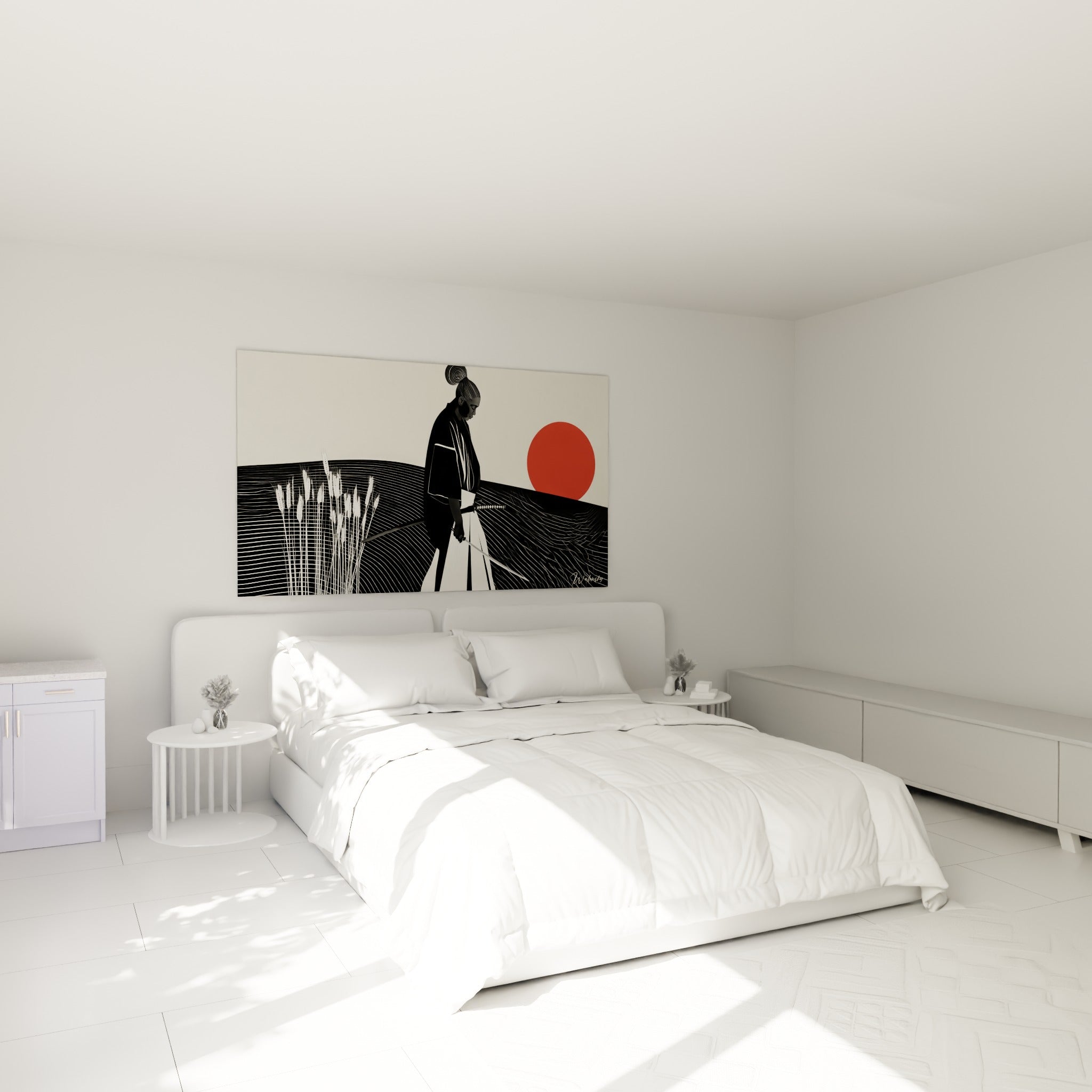 Guerrier Samouraï anthracite et soleil écarlate accrochés au-dessus d'un lit dans une chambre claire.