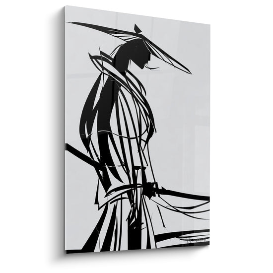 Tableau Guerrier noir et blanc au chapeau conique effilé - Silhouette filiforme au vent - Edition Samouraï