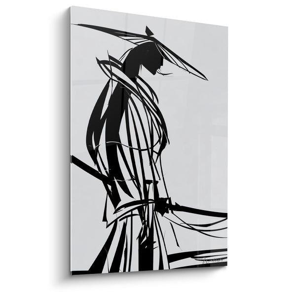 Schwarz-Weiß-Gemälde eines Kriegers mit spitzem Kegelhut - Filamentartige Silhouette im Wind - Samurai-Edition