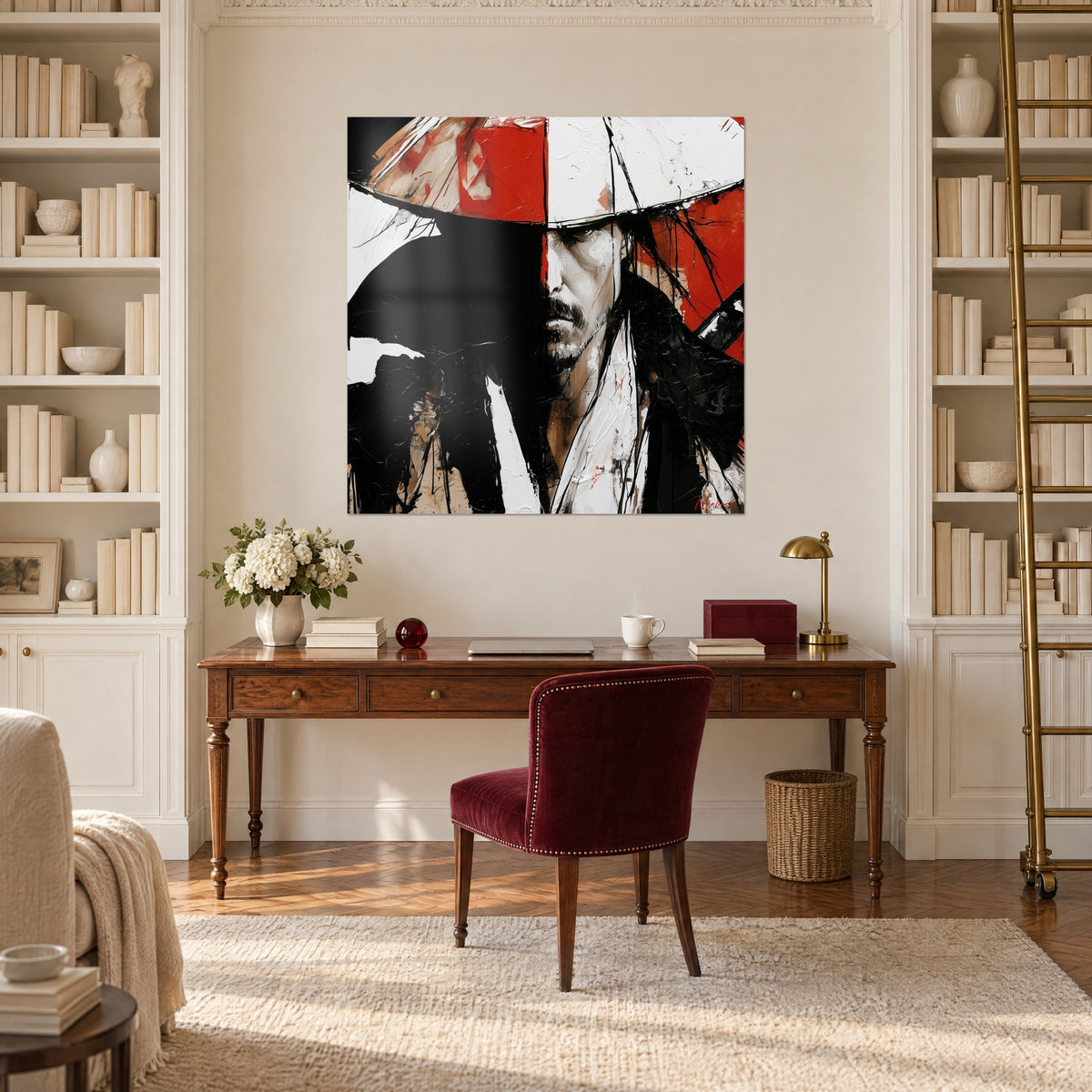 Wall art of a Japanese fighter with a fixed stare, red and ivory hat splashed with black, hung between two bookshelves in a study