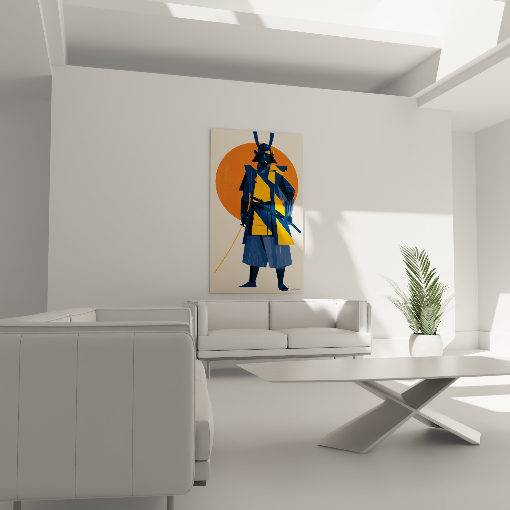 Armure de samouraï orange et bleu marine disposée au-dessus d'un canapé dans un salon lumineux.