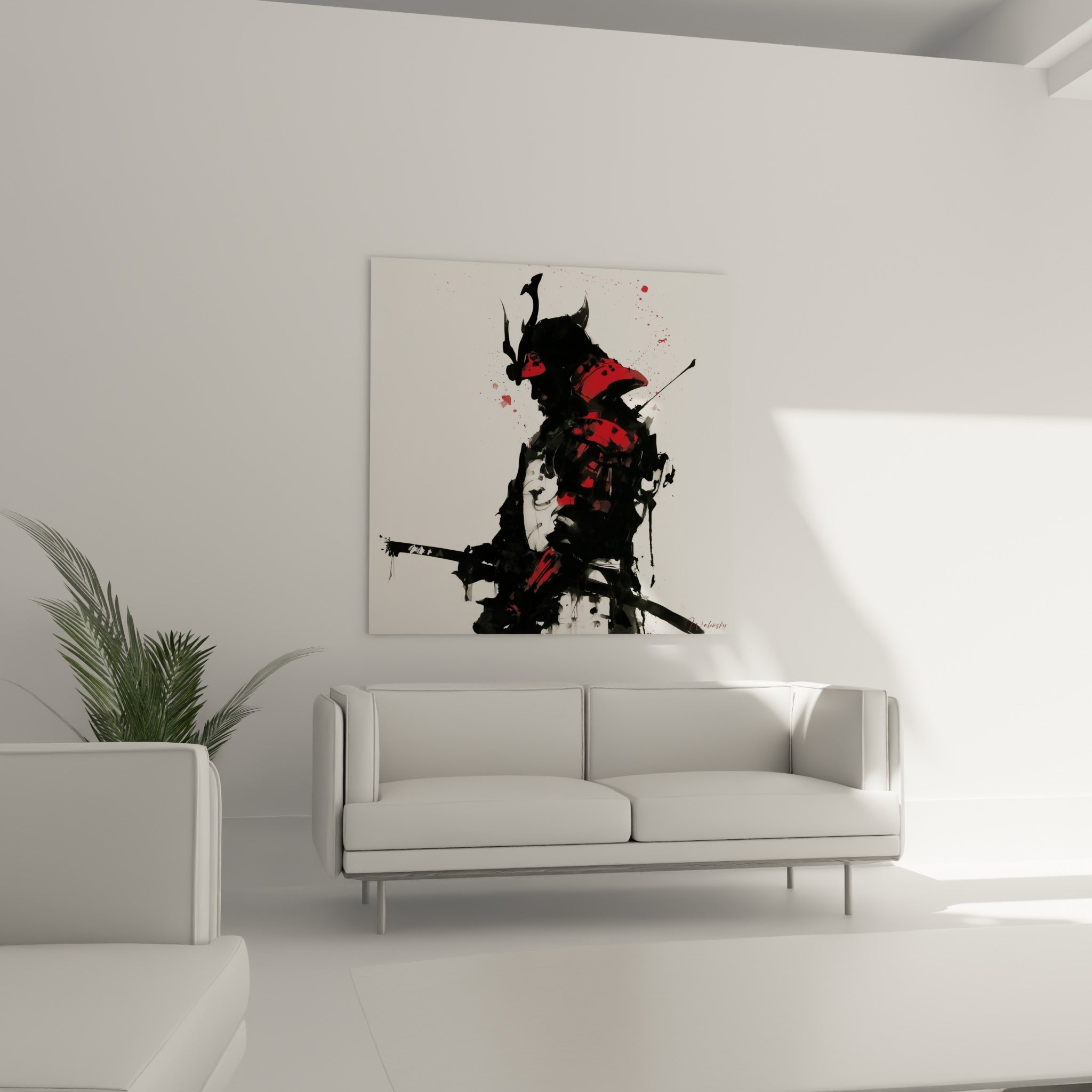 Figure de samouraï à l'armure écarlate et noire, geste encré, au-dessus d'un canapé dans un salon lumineux