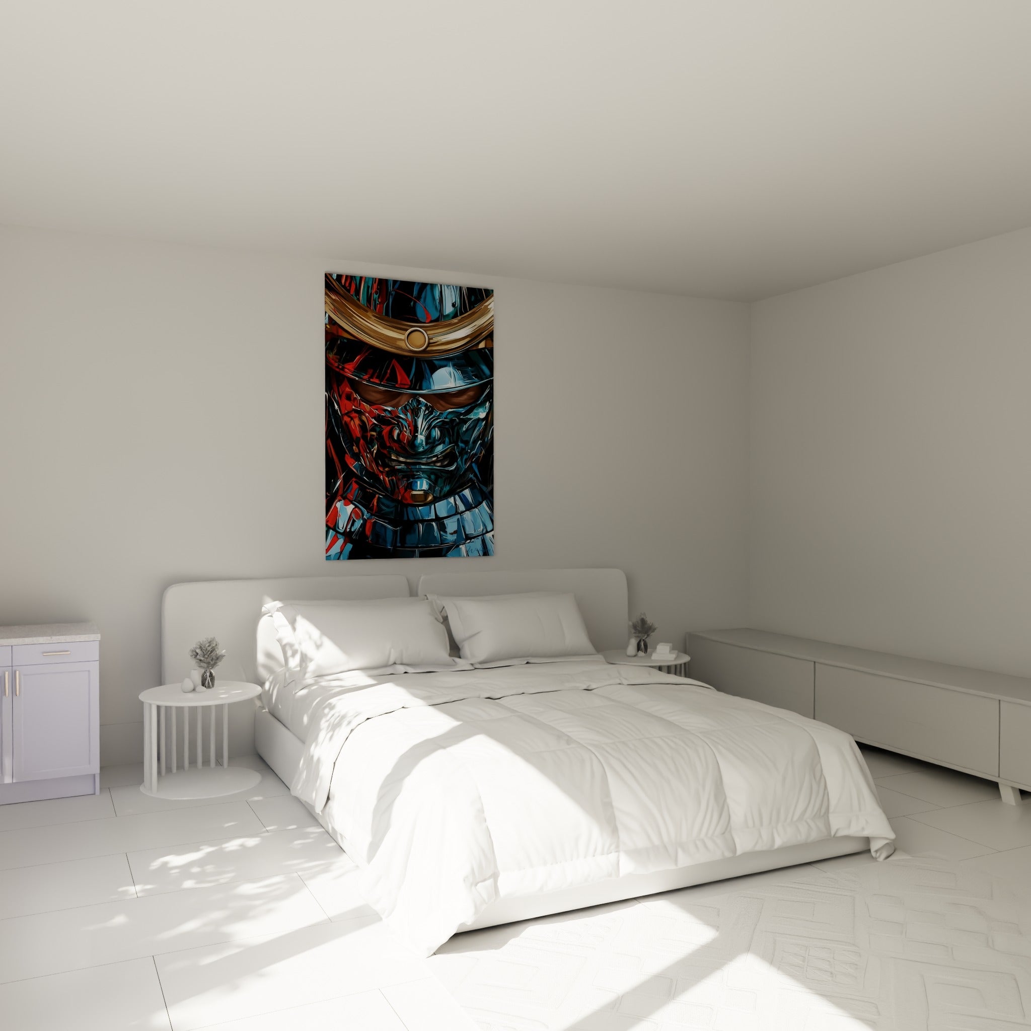 Guerrier samouraï en bleu anthracite et rouge sang accroché au-dessus d'un lit dans une chambre claire