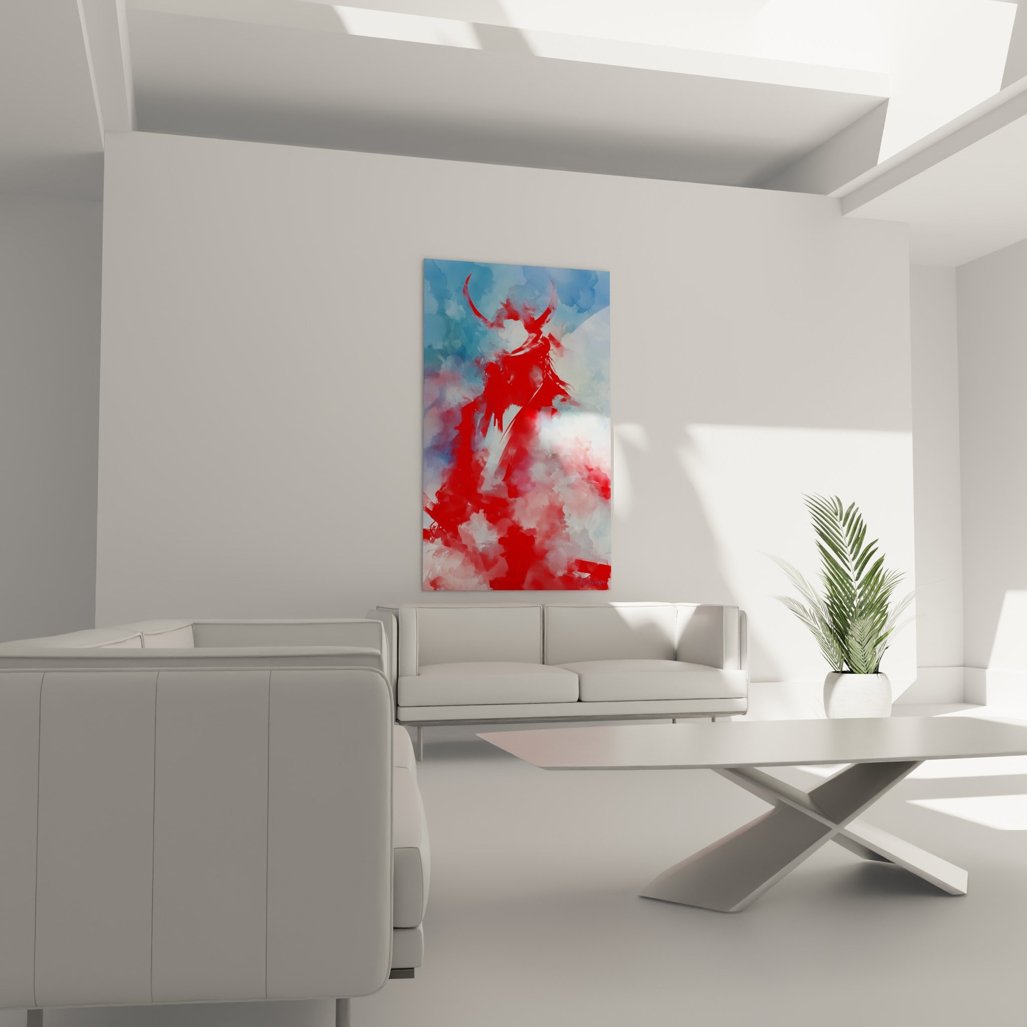 Silhouette rouge vif du samouraï se détachant du bleu brumeux, au-dessus d'un canapé dans un salon lumineux