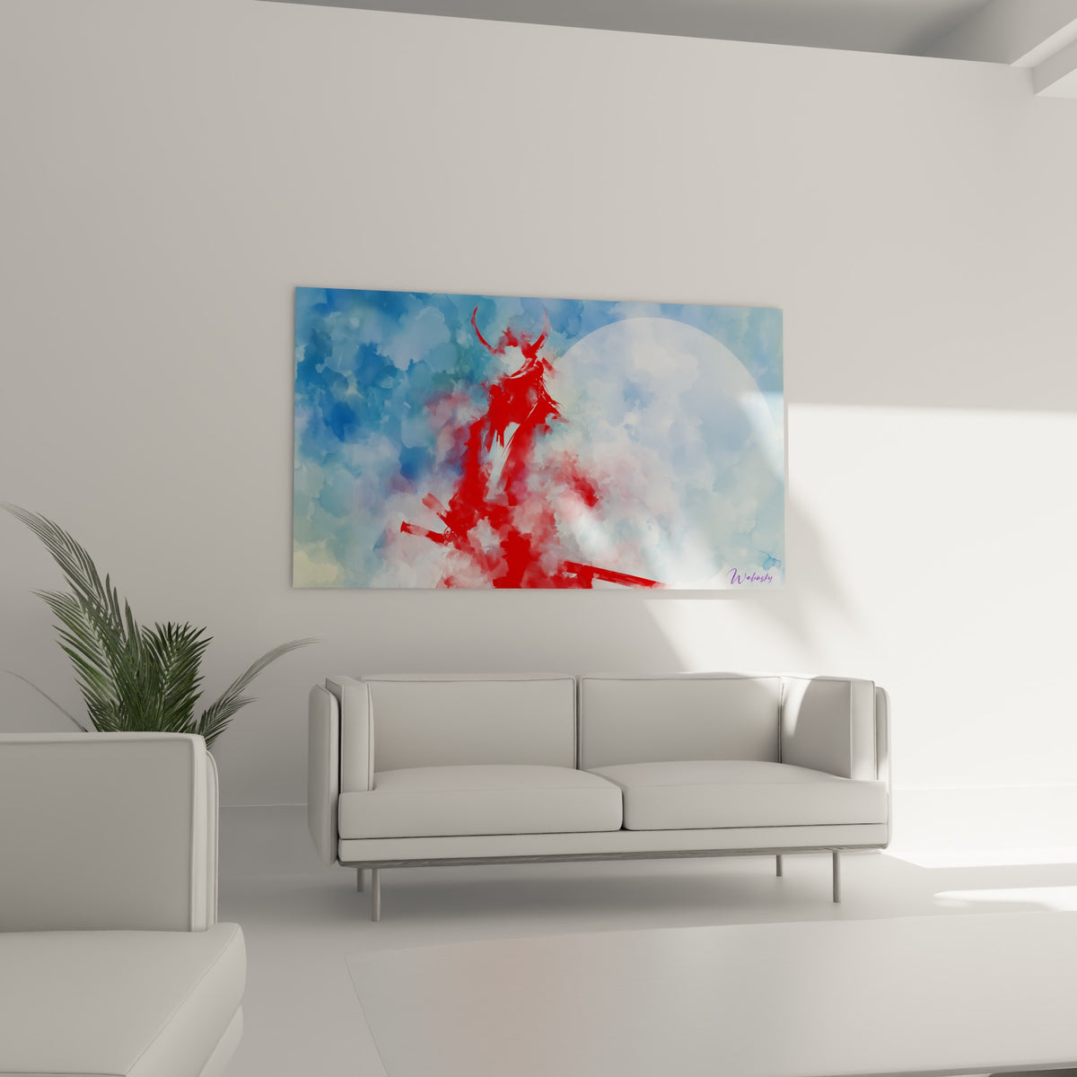 Silhouette de samouraï écarlate et lune bleutée, disposée au-dessus d'un canapé dans un salon lumineux