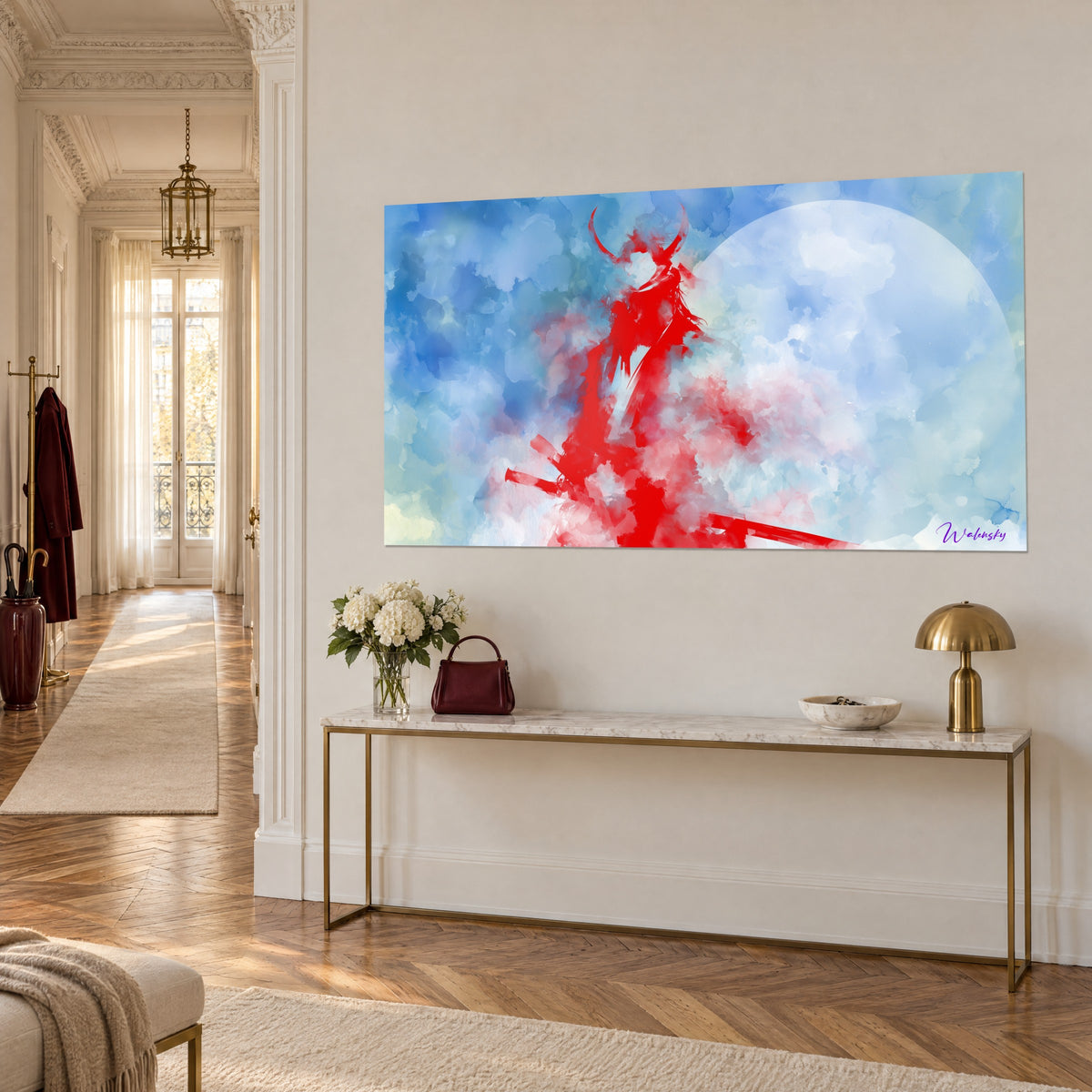 Quadro di una sagoma di guerriero rosso vivo con corna a mezzaluna, su un cielo ad acquerello blu e bianco, visto di tre quarti su una consolle dorata