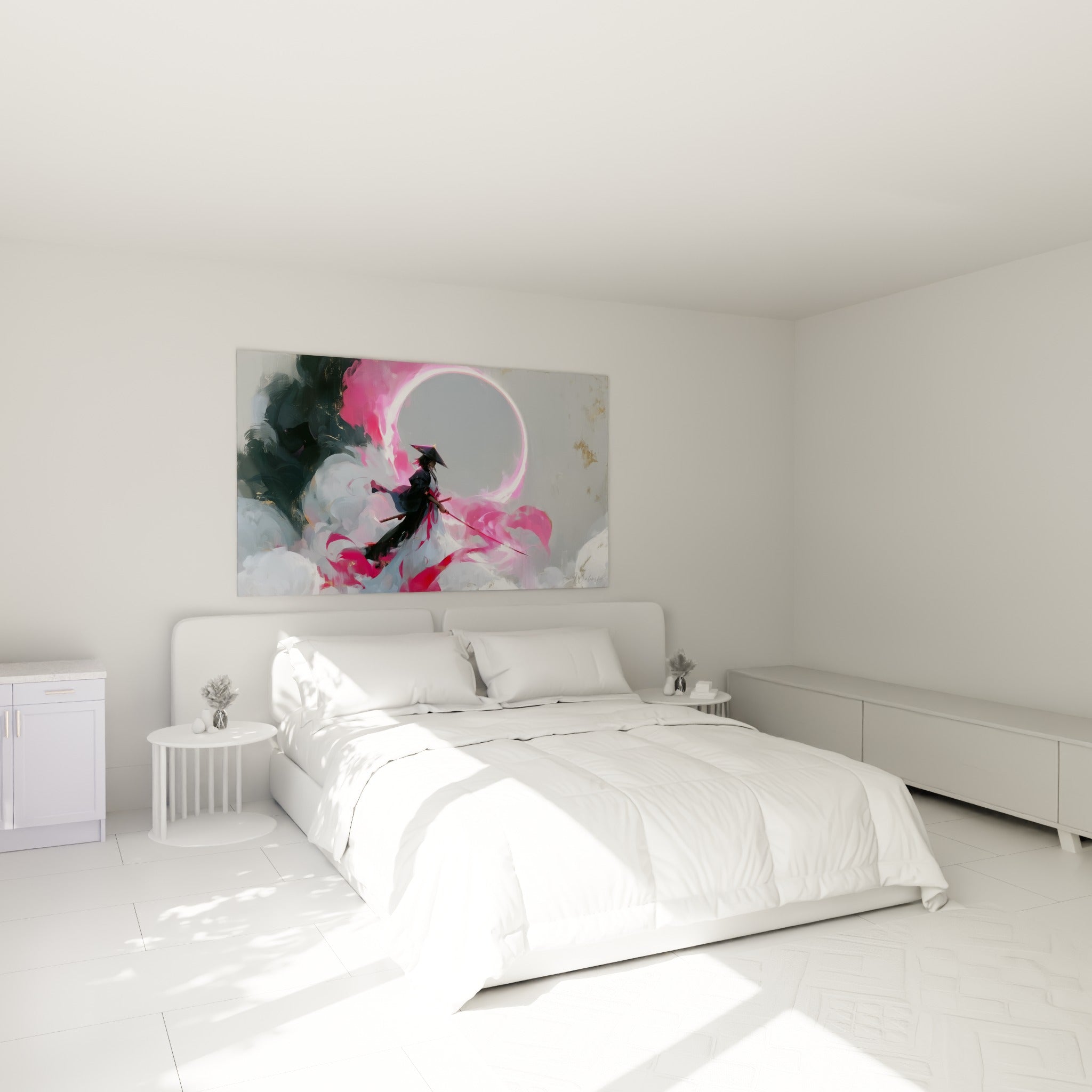 Guerrier au sabre sous un halo fuchsia, tableau Samouraï accroché au-dessus d'un lit dans une chambre claire