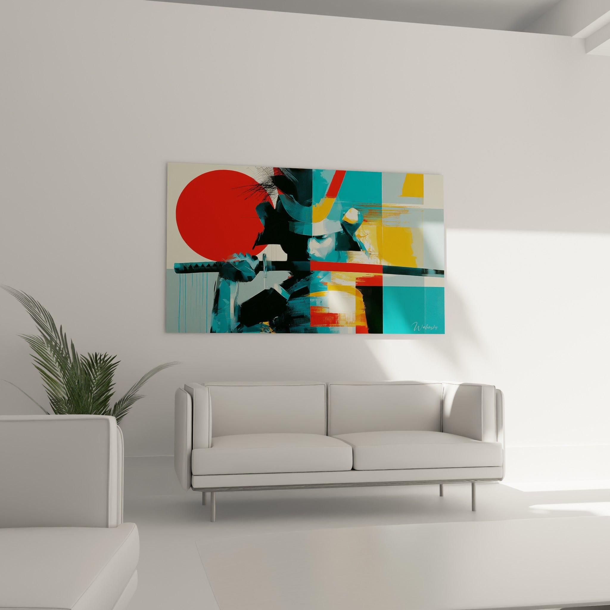 Guerrier samouraï anthracite et jaune moutarde, tableau placé au-dessus d'un canapé dans un salon lumineux