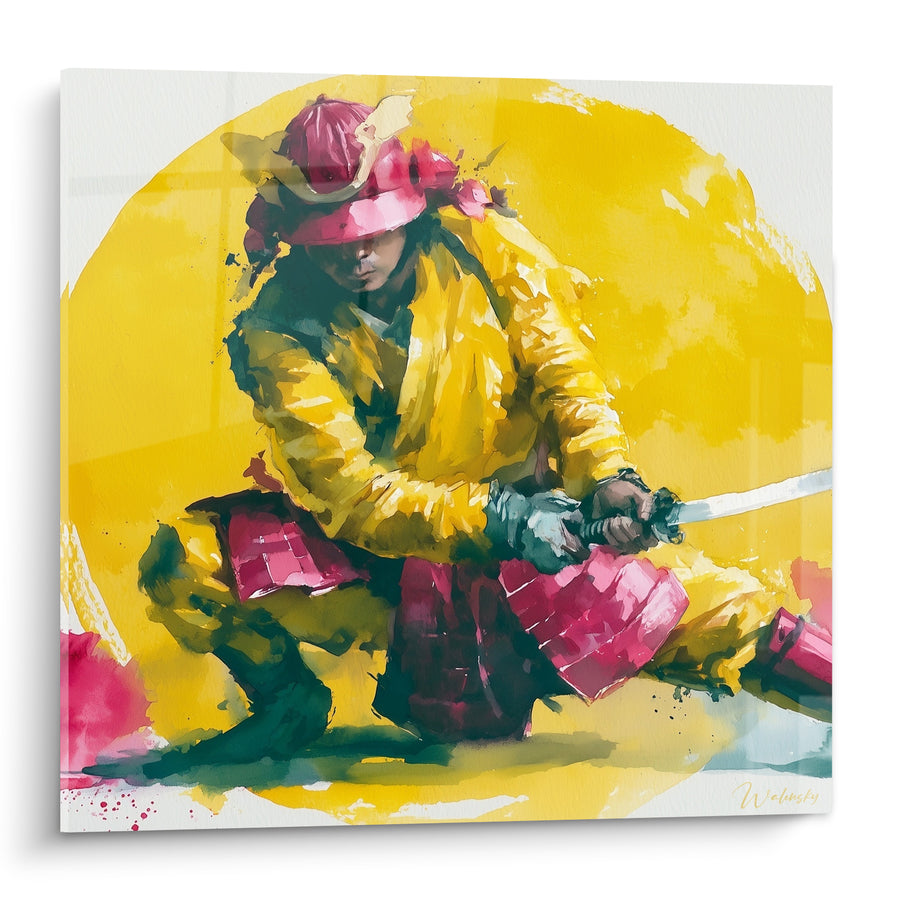 Tableau Guerrier agenouillé jaune et pourpre au sabre - Instant avant l'assaut - Edition Samouraï