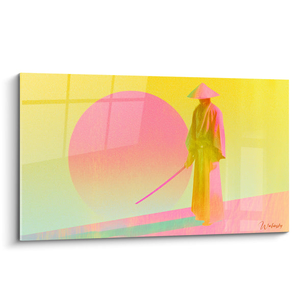 Tableau Guerrier jaune et rose au sabre traînant au sol - Disque solaire pastel - Edition Samouraï
