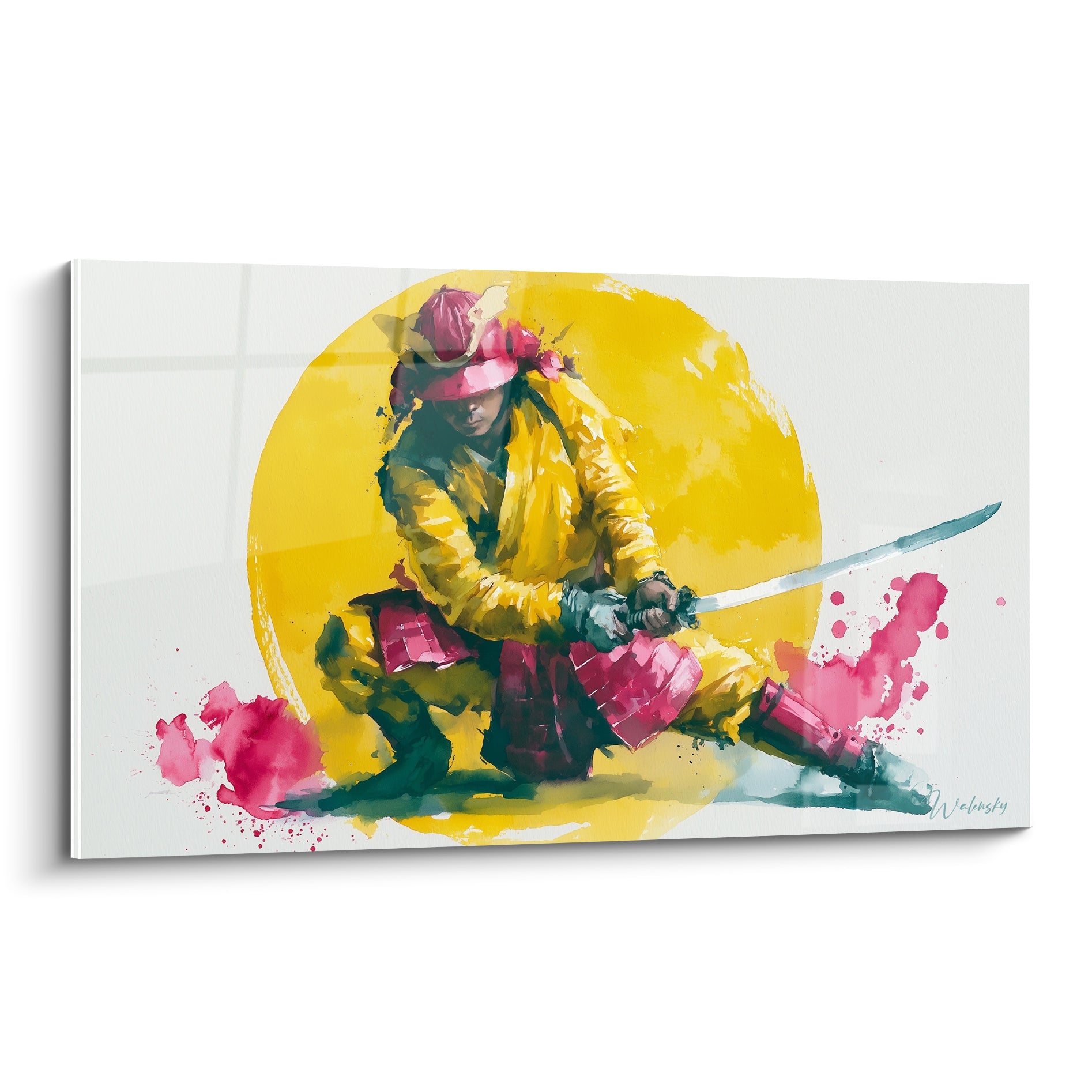 Samouraï agenouillé en tunique jaune et armure rose, sabre dégainé devant un soleil doré peint à l'aquarelle.