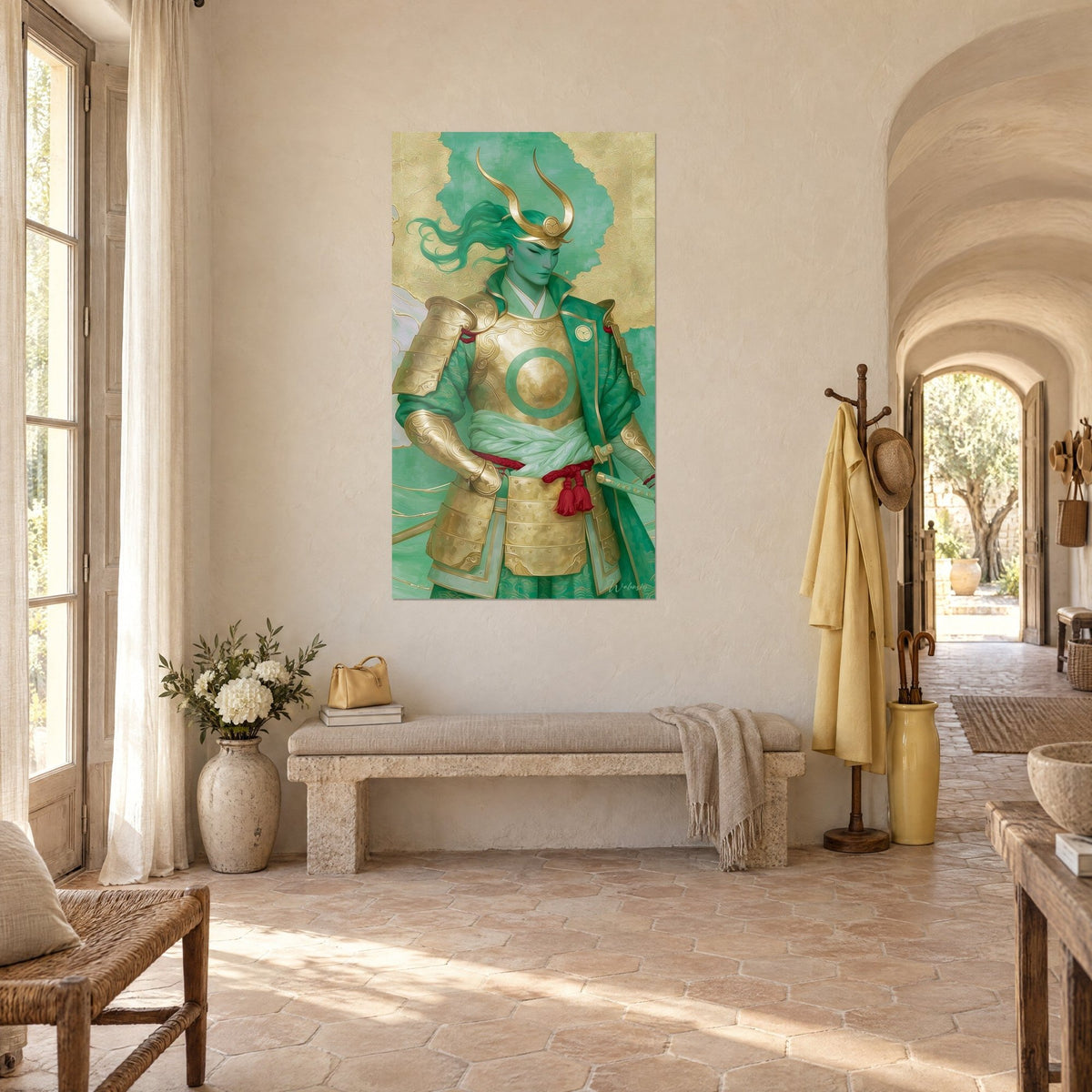 Wall art warrior with a gold breastplate and jade cloak, crescent-shaped helmet horns, in a vaulted hallway of a Provençal farmhouse