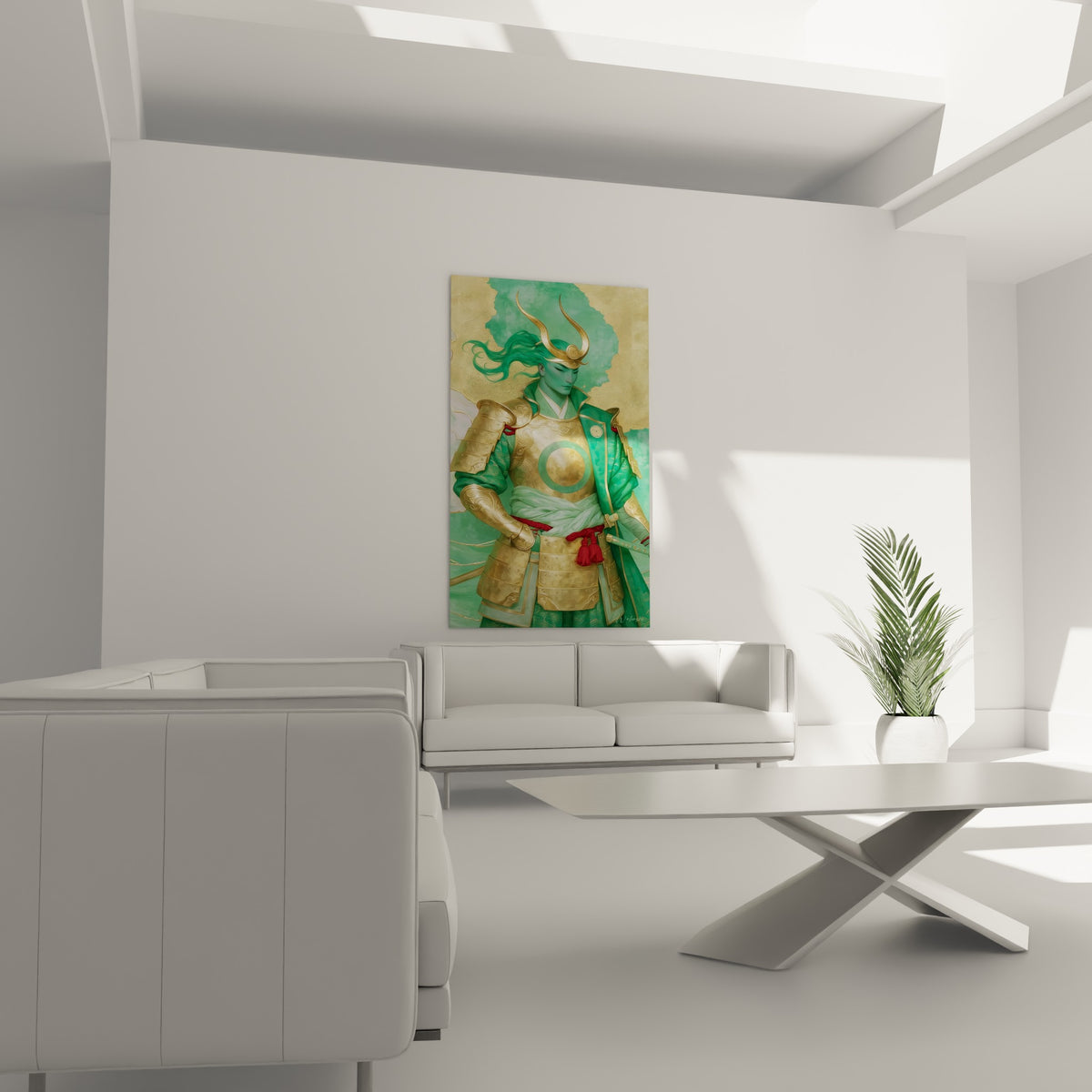 Kabuto doré à cornes surmontant un visage pâle et serein, tableau accroché au-dessus d'un canapé dans un salon lumineux