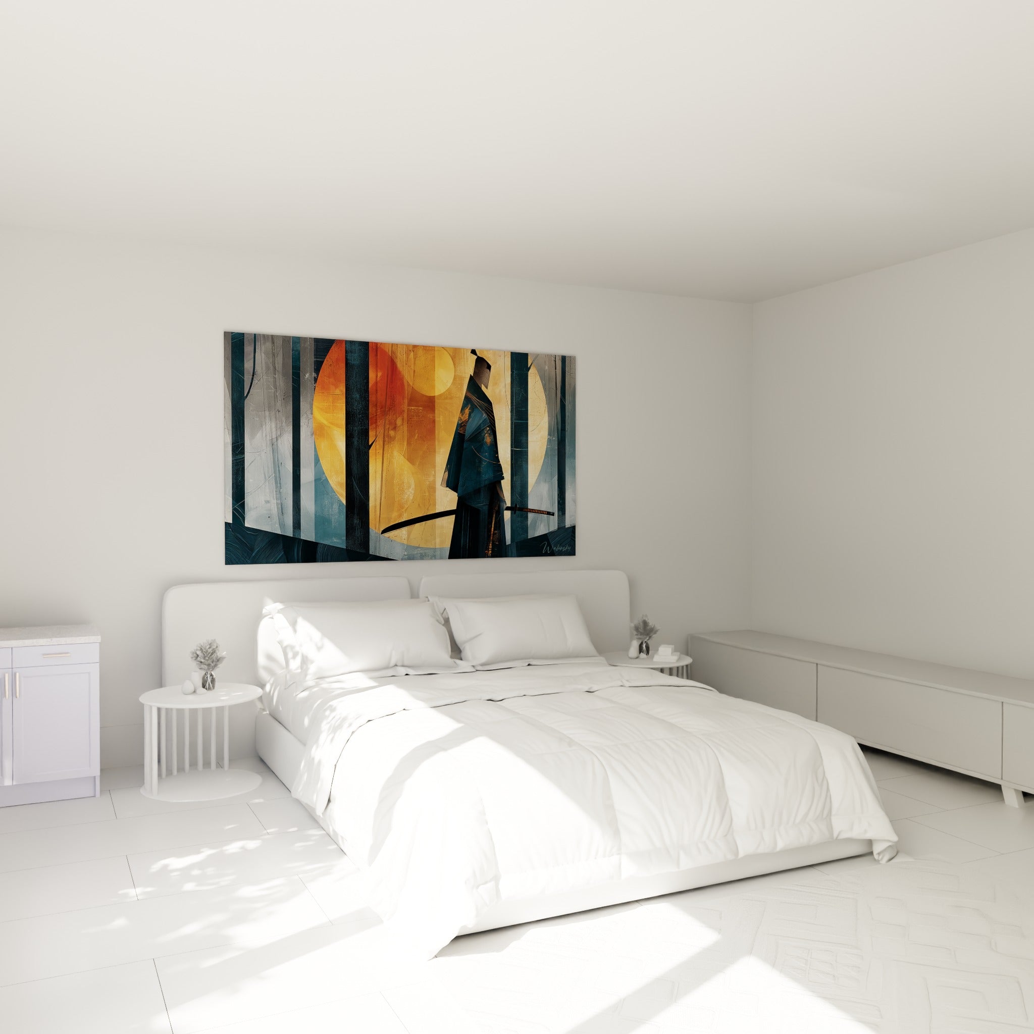Silhouette de samouraï bleu et ambre au-dessus d'un lit dans une chambre claire