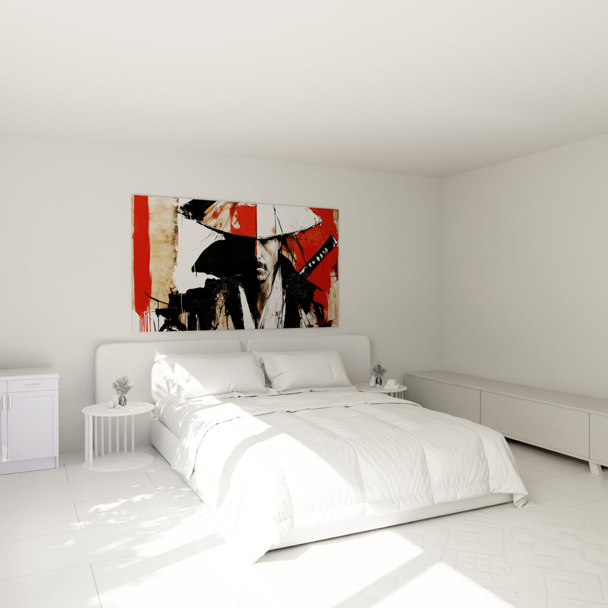 Guerrier samouraï en noir et rouge vif, katana visible, accroché au-dessus d'un lit dans une chambre claire
