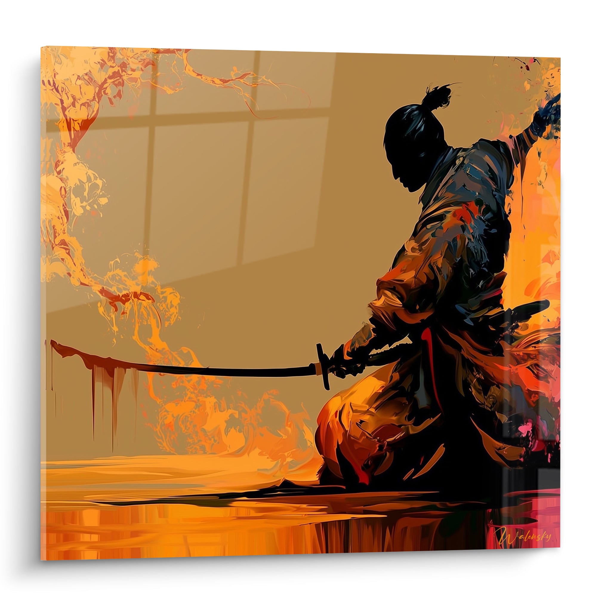 Samouraï agenouillé au katana noir, silhouette sombre sur flammes orange et fond ocre