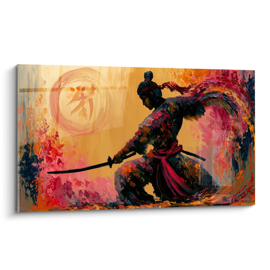 Samouraï agenouillé au katana, tons ocre et pourpre, empâtements picturaux expressifs