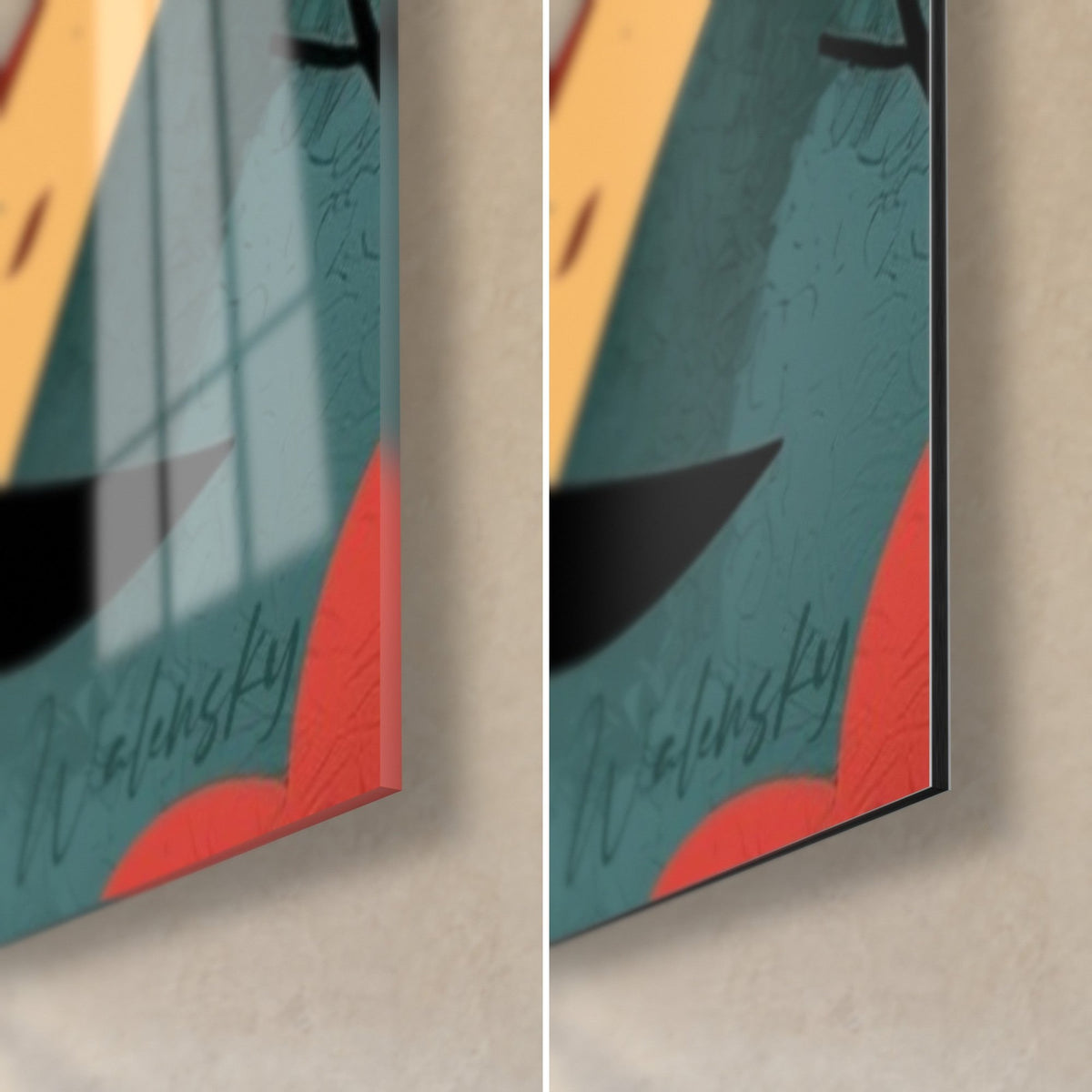 Schilderij samoerai met rode bladeren op blauwgroene achtergrond, rechtsonder: glanzend glas links, mat Dibond rechts, 3 mm rand