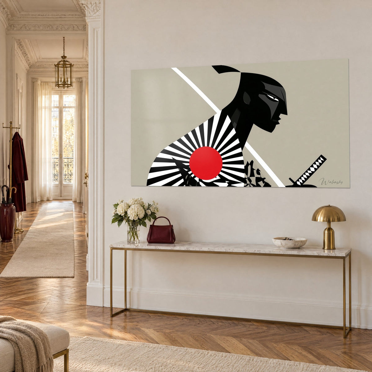 Graphic wall art of a warrior in black profile, red sun and white rays on greige background, gilded console, Haussmann apartment