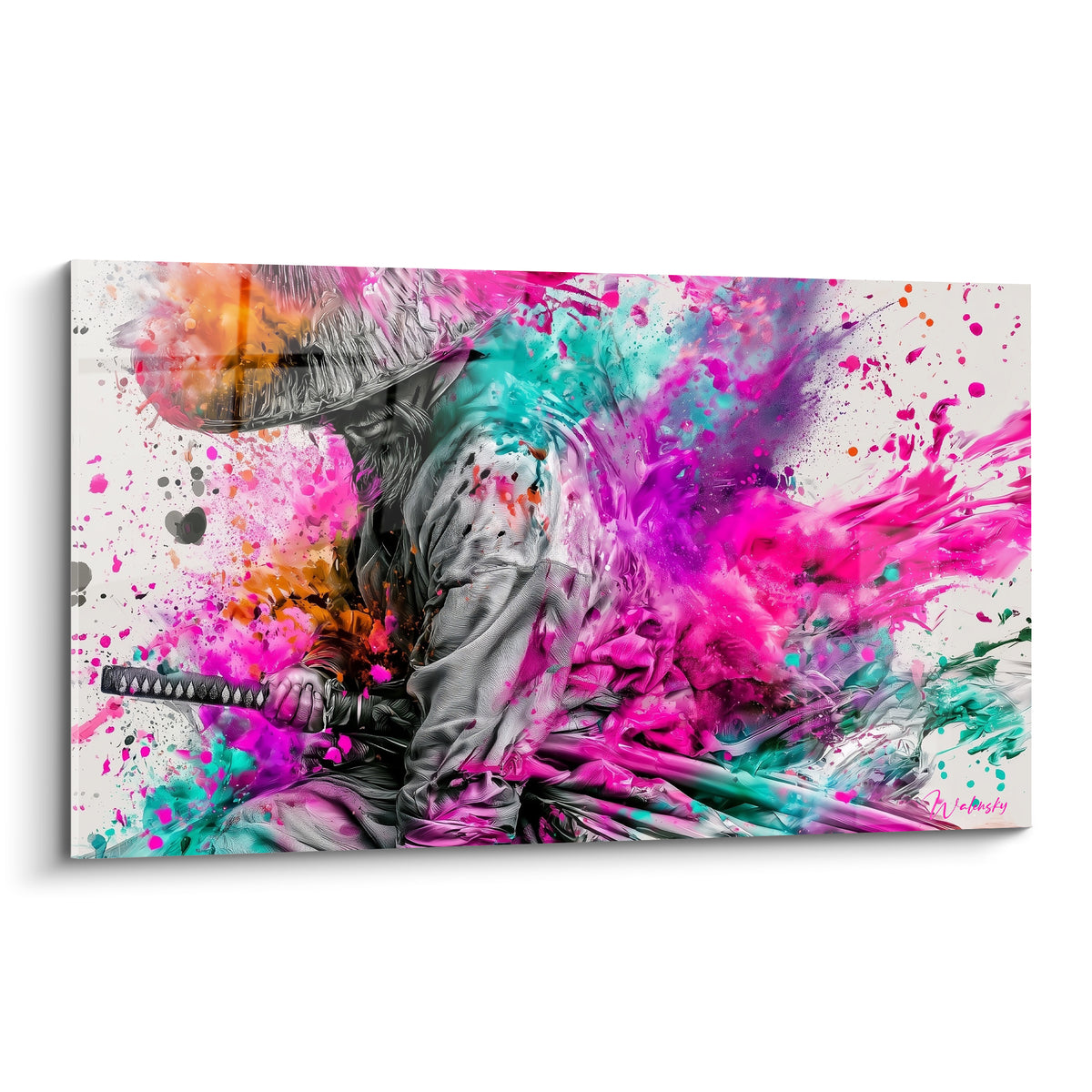 Samouraï au katana dégainé, chapeau gris, éclaboussures rose fuchsia et turquoise vibrantes