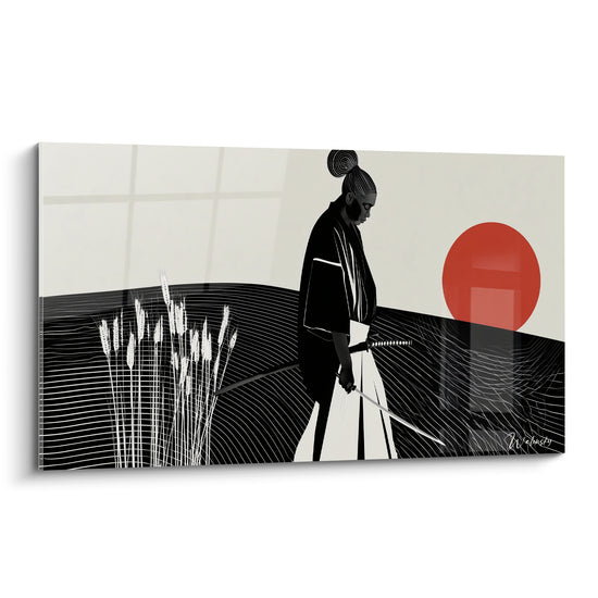 Samouraï noir au katana devant un soleil rouge, tableau graphique sur fond crème.
