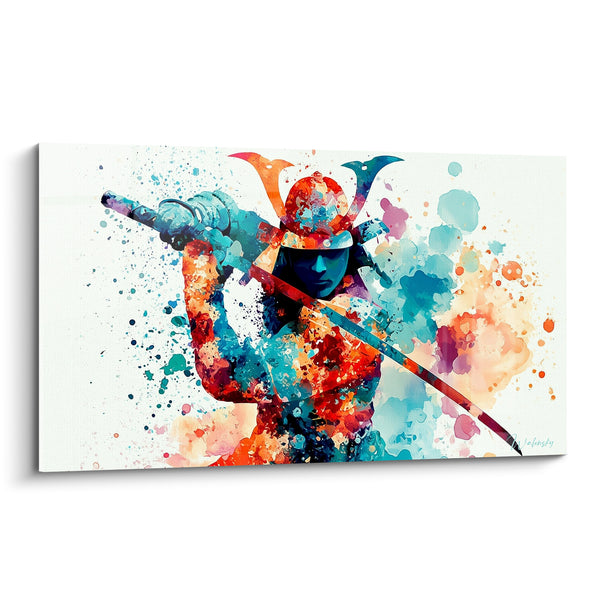Tableau Guerrier turquoise et corail au sabre incliné - Éclaboussures d'aquarelle vive - Edition Samouraï