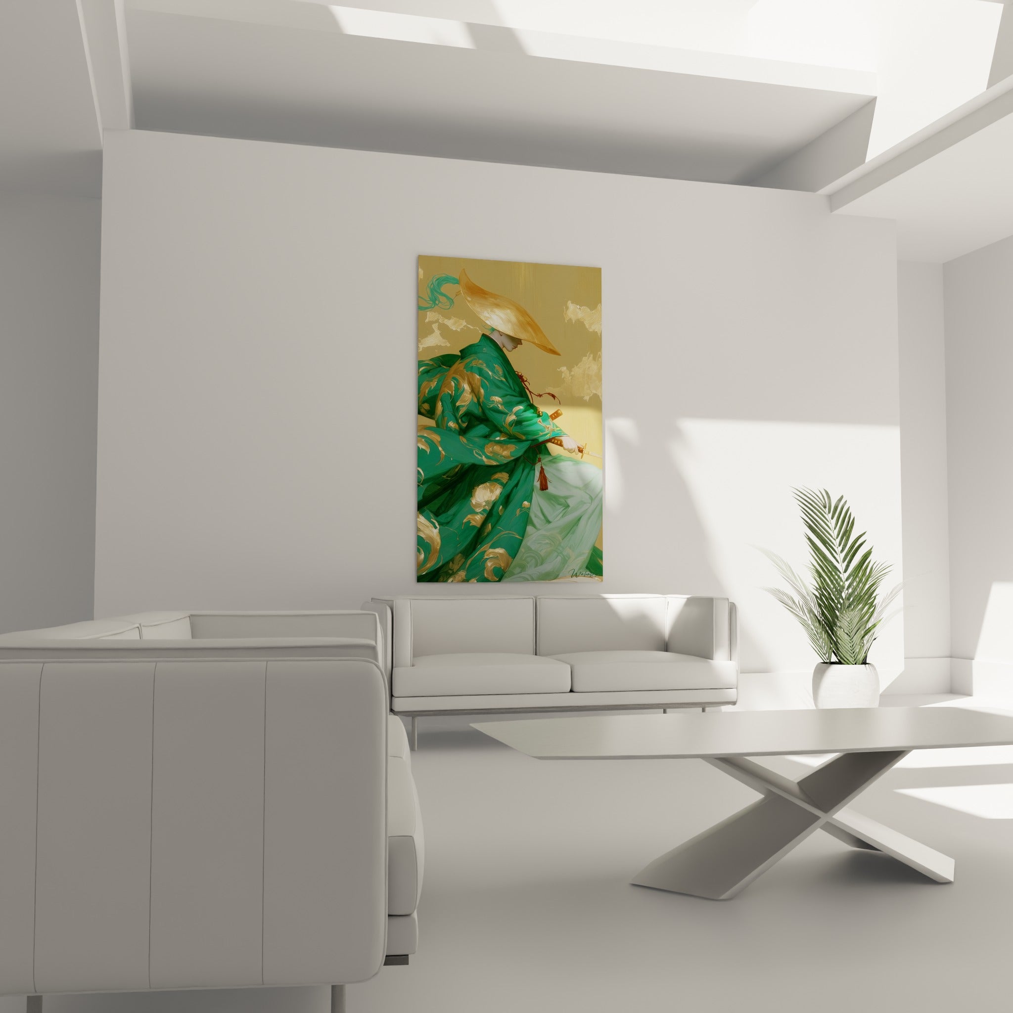 Silhouette au chapeau conique doré et kimono émeraume orné, au-dessus d'un canapé dans un salon lumineux