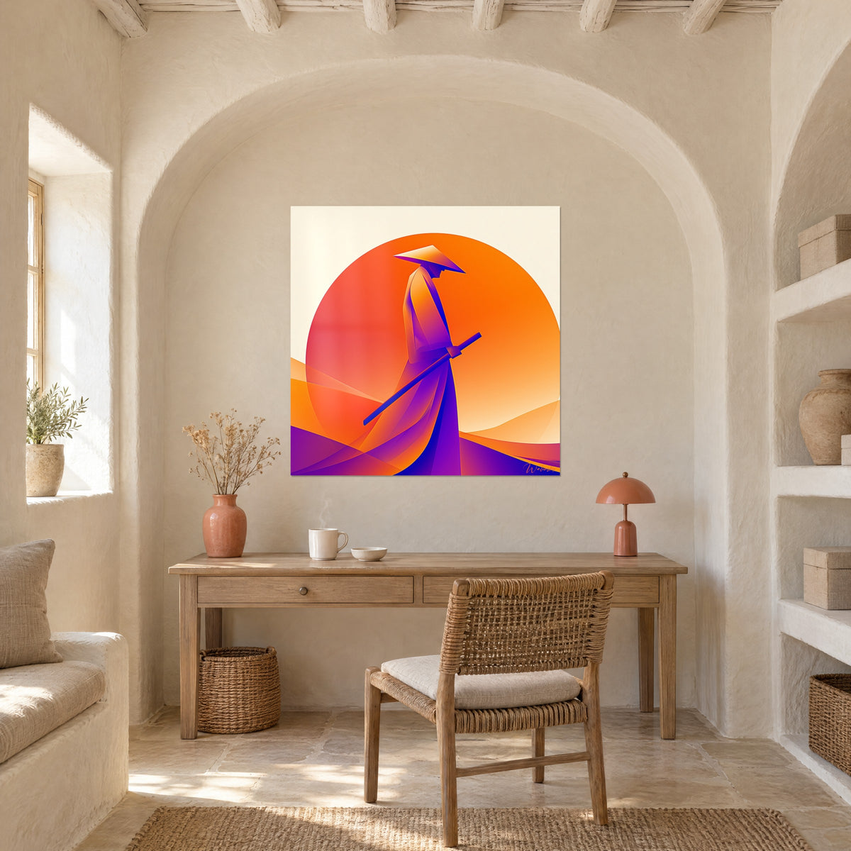 Tableau silhouette de samouraï, soleil orange et crème, katana incliné, dans une alcôve voûtée au-dessus d'un bureau en bois