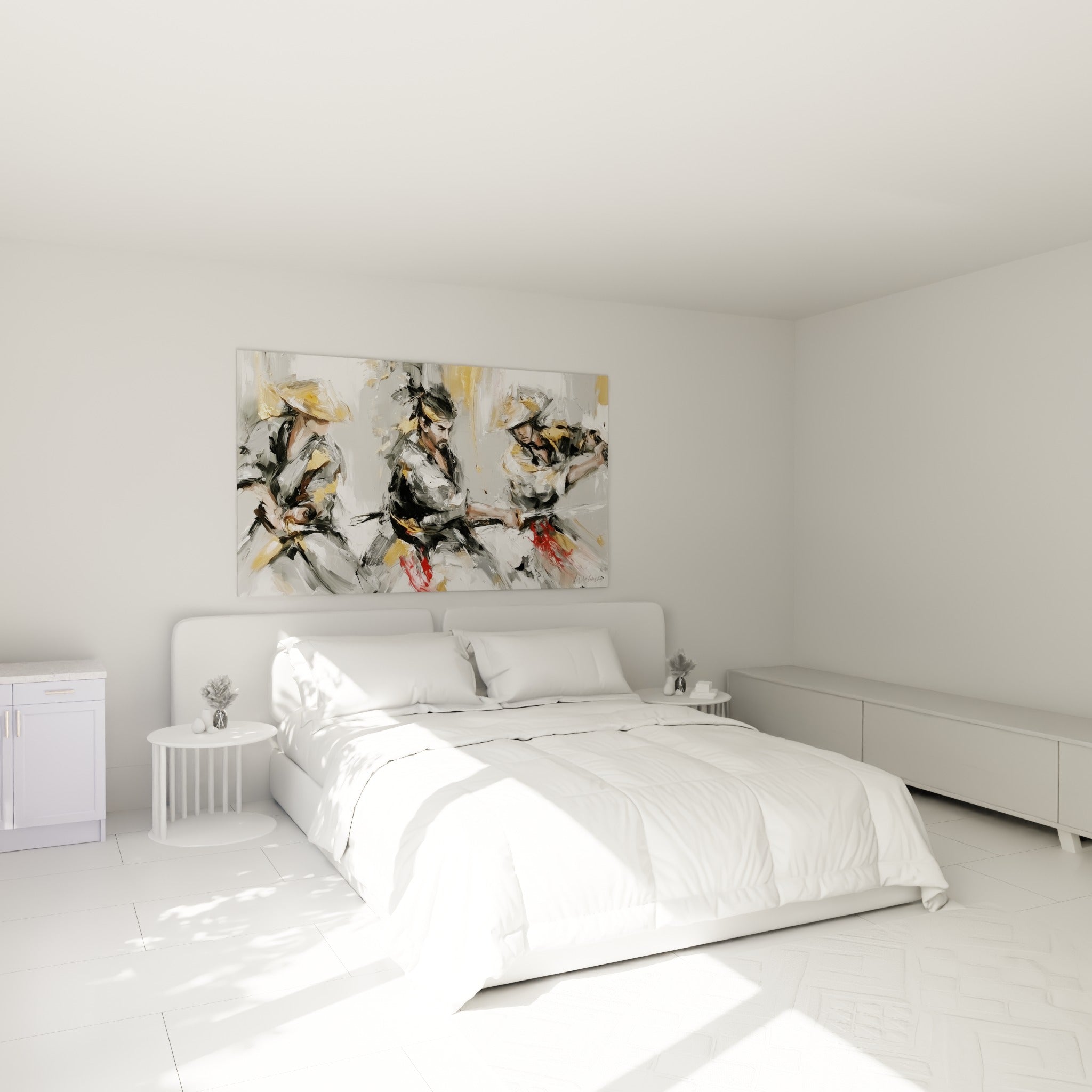 Samouraïs anthracite et or en position de combat, toile accrochée au-dessus d'un lit dans une chambre claire