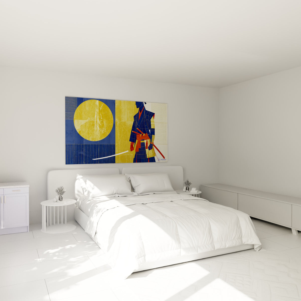 Guerrier samouraï bleu marine et rouge brique, sabre luisant, au-dessus d'un lit dans une chambre claire