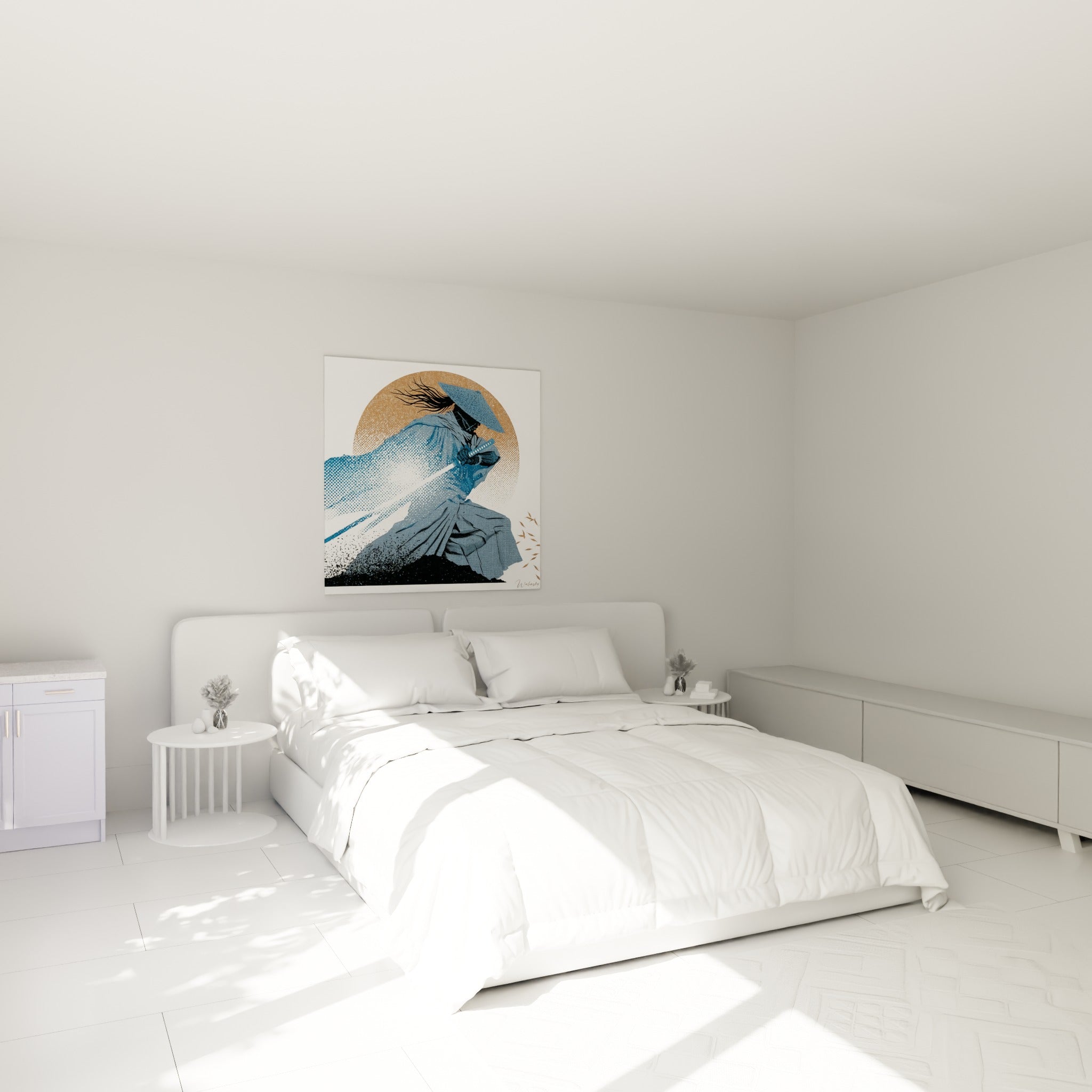 Guerrier au sabre dégainé, teintes bleu et ocre, accroché au-dessus d'un lit dans une chambre claire