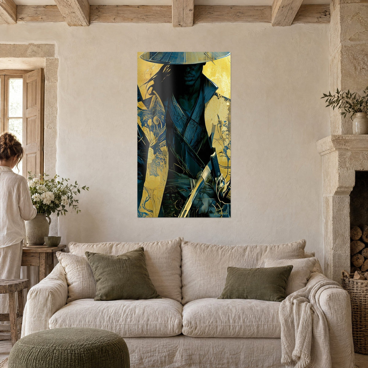 Wall art of a samurai under a conical hat trimmed in blue, gold and midnight-blue kimono, above a sofa in a bright living room