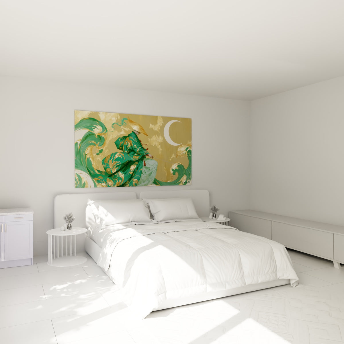 Guerrier au kimono vert et doré peint au-dessus d'un lit dans une chambre claire