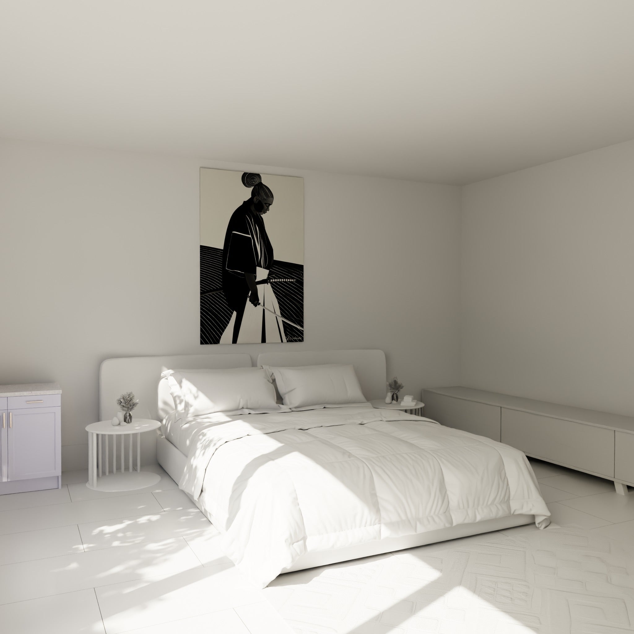 Guerrier au kimono noir et lignes blanches accroché au-dessus d'un lit dans une chambre claire