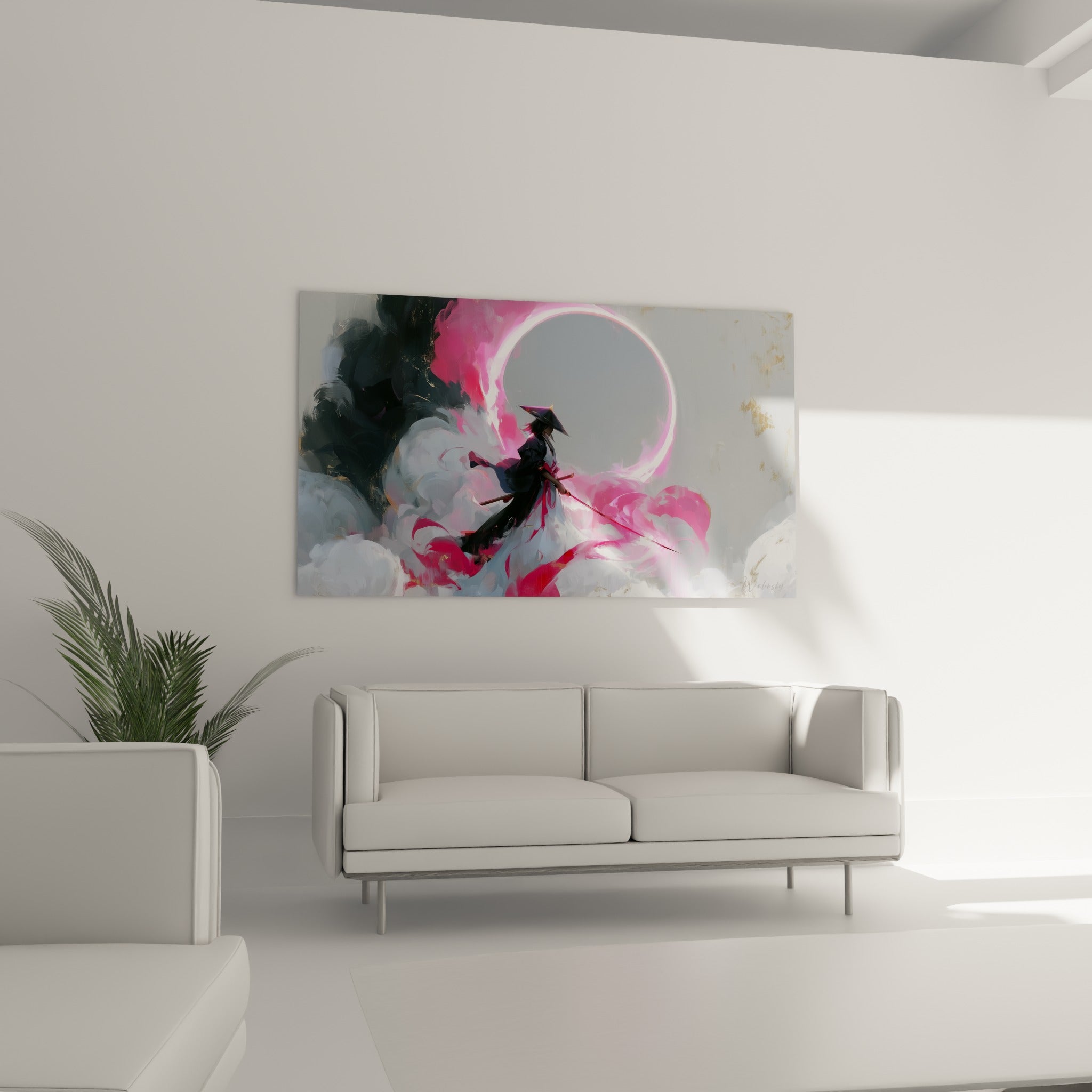 Silhouette du Samouraï coiffé d'un chapeau conique, cercle rose éclatant, accroché au-dessus d'un canapé dans un salon lumineux
