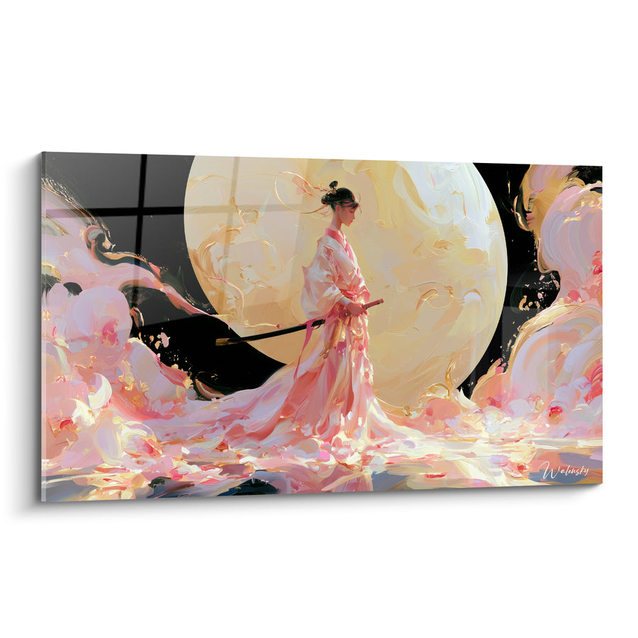 Tableau Guerrière au kimono rose et lune dorée - Veille sous la lune - Edition Samouraï