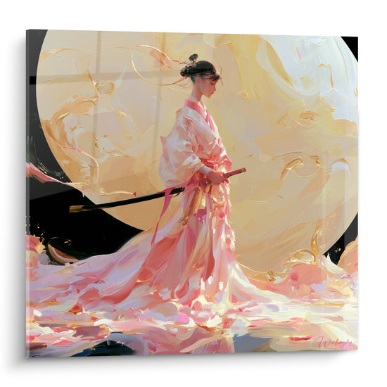 Guerrière Samouraï en kimono rose devant une lune dorée, sabre à la ceinture, style aquarelle