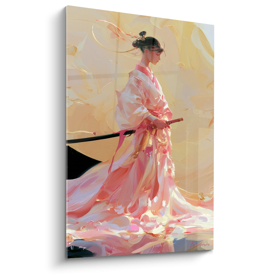 Tableau Femme samouraï en kimono rose doré - Grâce avant l'affrontement - Edition Samouraï